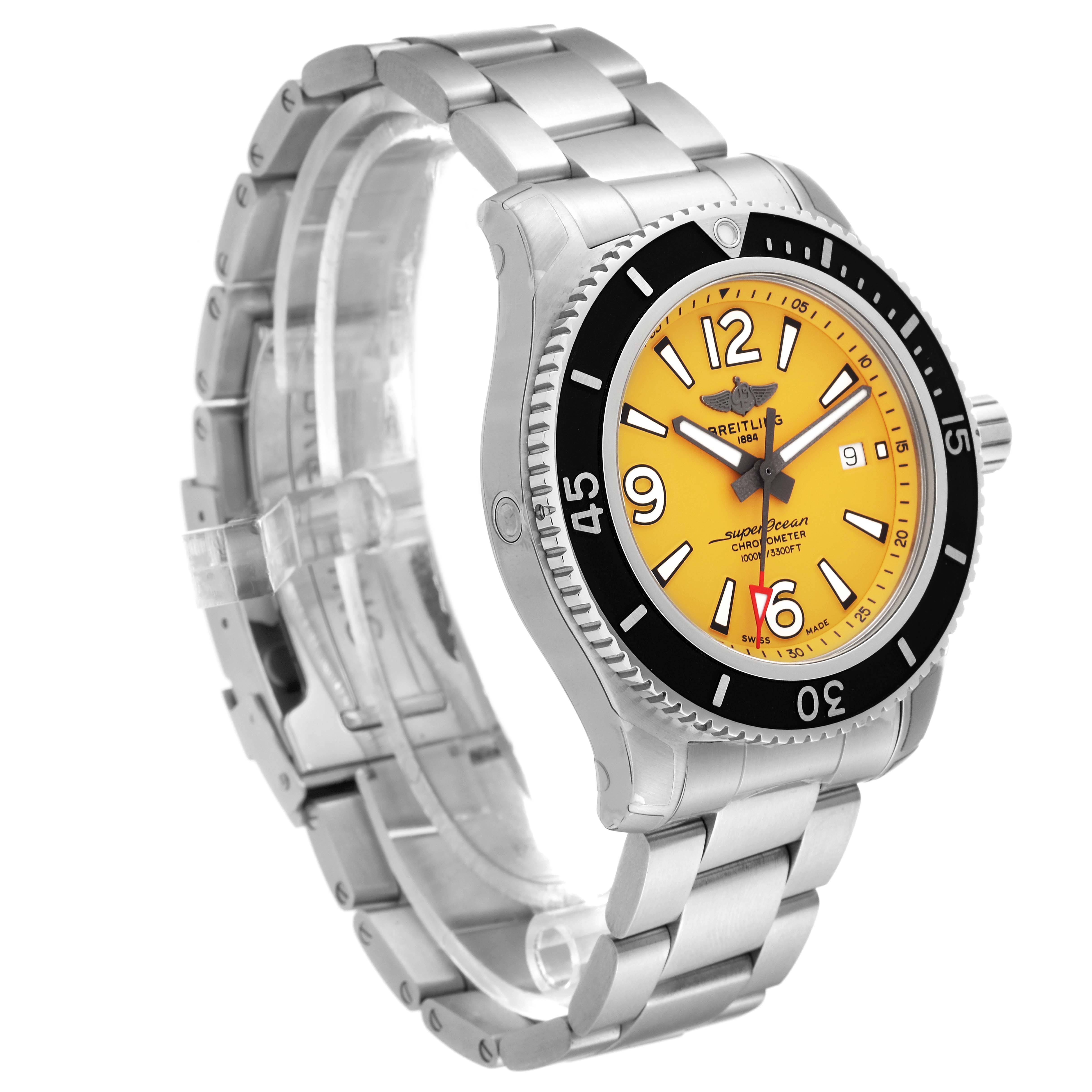This Breitling Superocean A17367 Men's Stainless Steel Yellow Dial A17367 Men's Stainless Steel Yellow Dial watch is shown at an angle, highlighting the face, bezel, and metal bracelet.