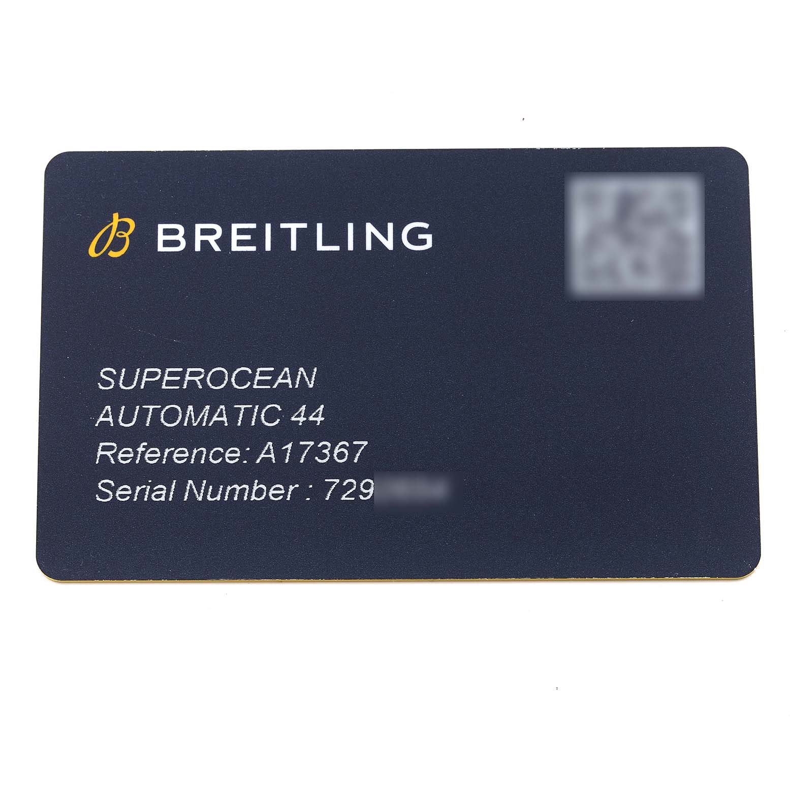 The image shows a Breitling Superocean A17367 Men's Stainless Steel Yellow Dial A17367 Men's Stainless Steel Yellow Dial model information card, displaying model details, reference number, and serial number.