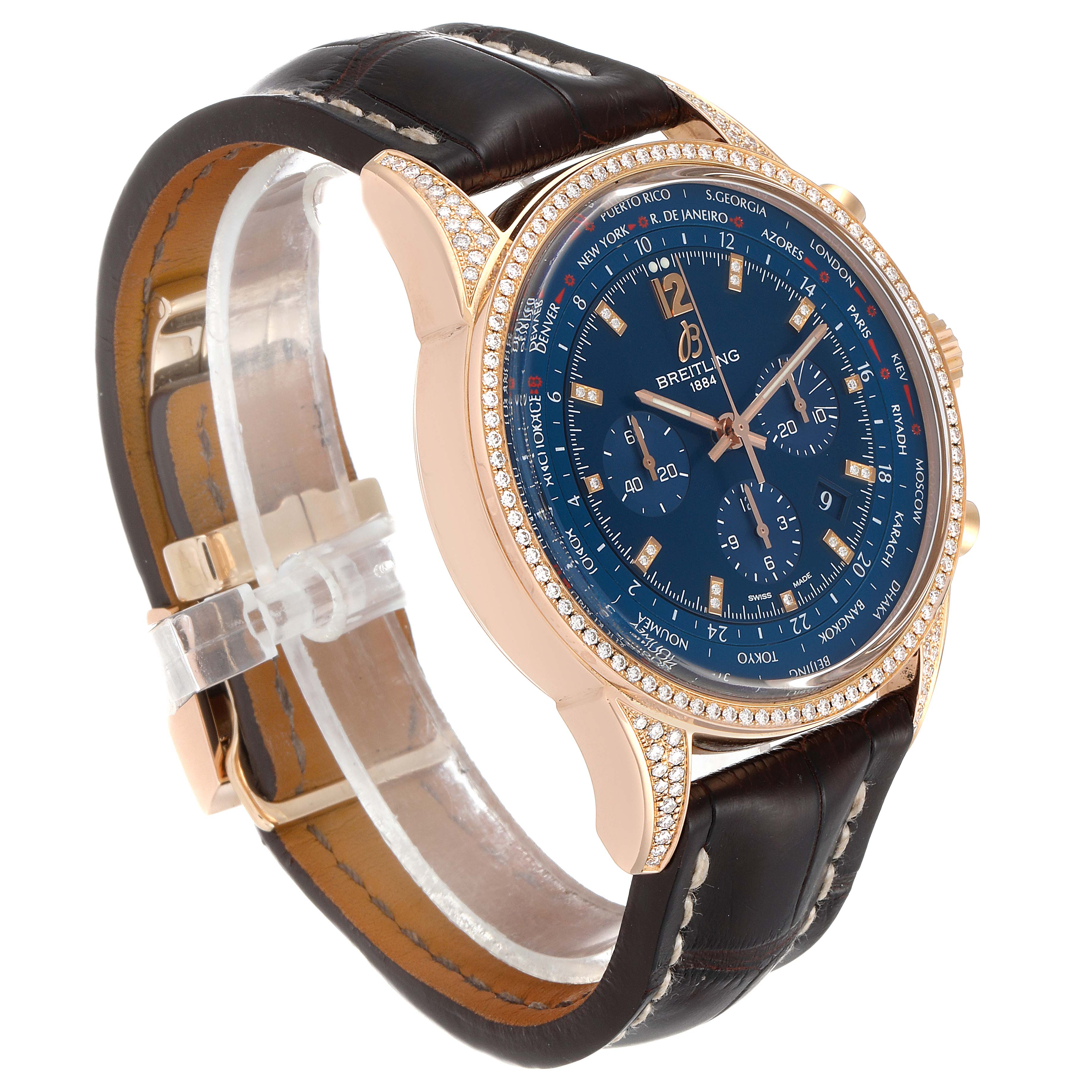 This image shows a Breitling Transocean RB0510 Men's Rose Gold Blue Dial RB0510 Men's Rose Gold Blue Dial watch at a three-quarter angle, highlighting the face, bezel, crown, and leather strap.