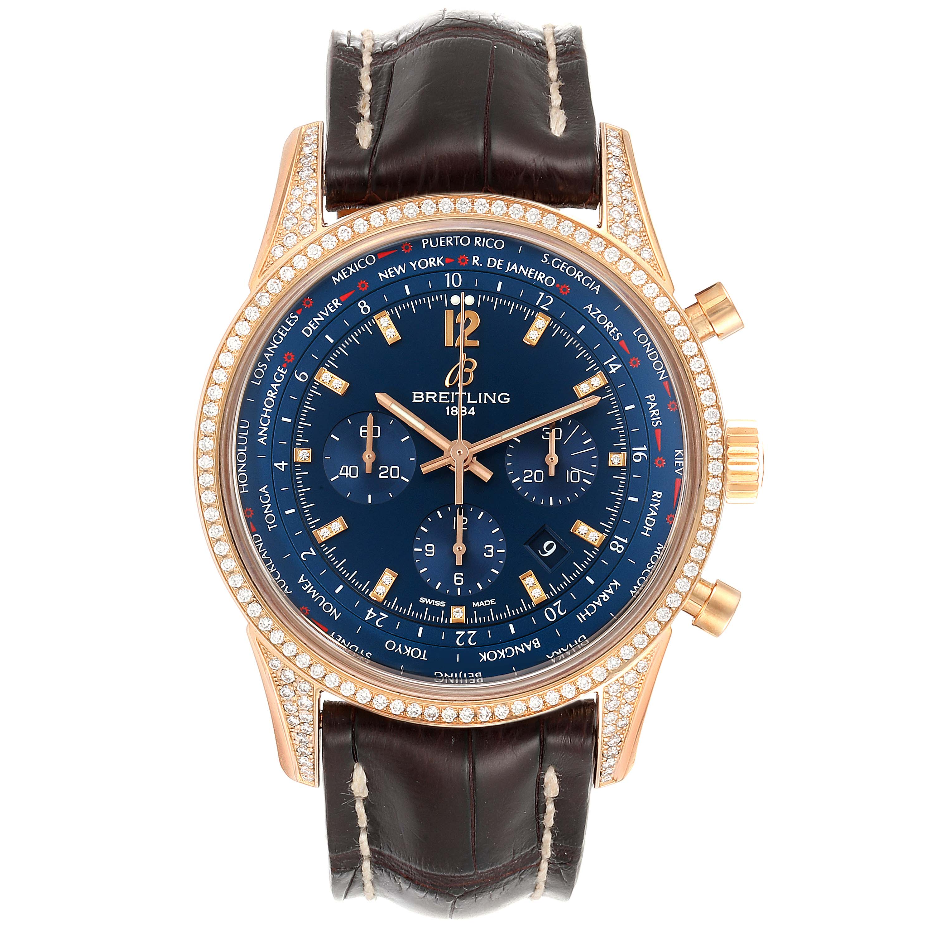 The Breitling Transocean RB0510 Men's Rose Gold Blue Dial RB0510 Men's Rose Gold Blue Dial watch is shown from a top view, highlighting the face, bezel, and leather strap.