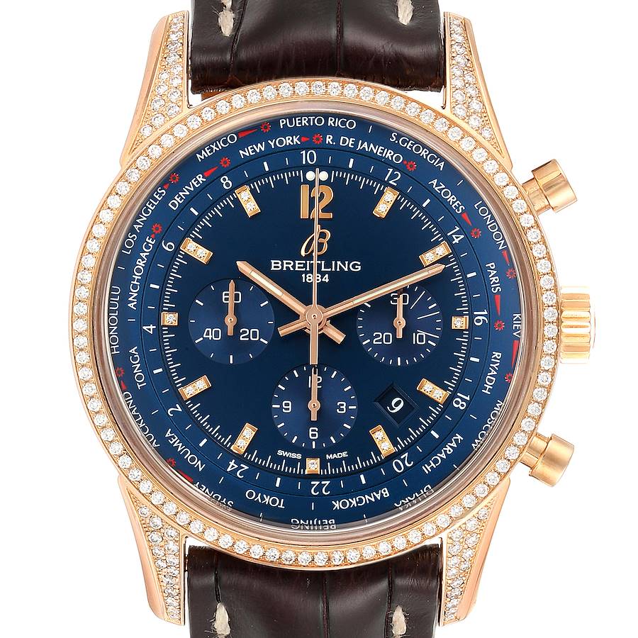 Breitling Transocean Blue Dial Rose Gold Diamond Mens Watch RB0510 SwissWatchExpo