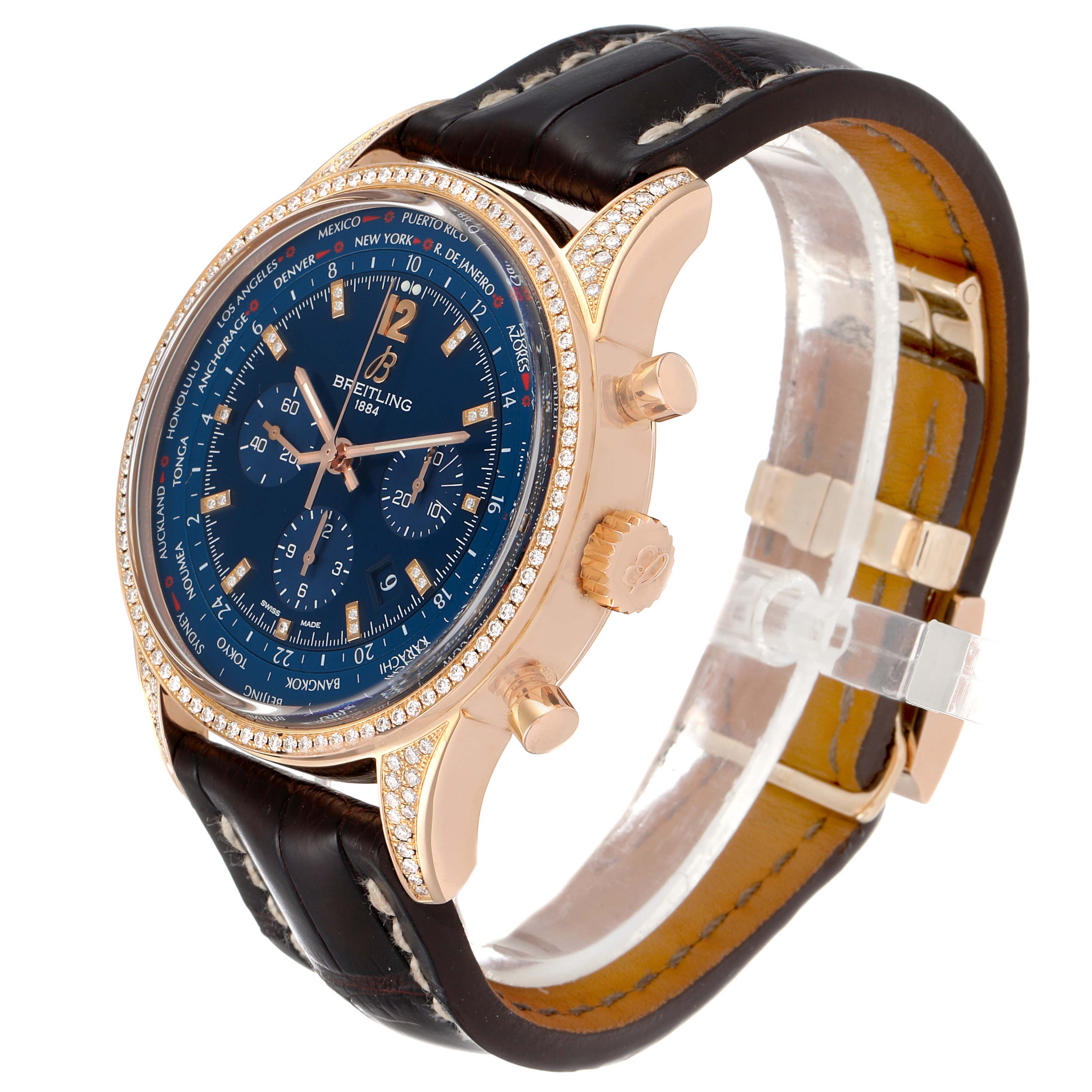 The image shows a Breitling Transocean RB0510 Men's Rose Gold Blue Dial RB0510 Men's Rose Gold Blue Dial wristwatch at an angled side view, showcasing its dial, bezel, crown, pushers, and leather strap.