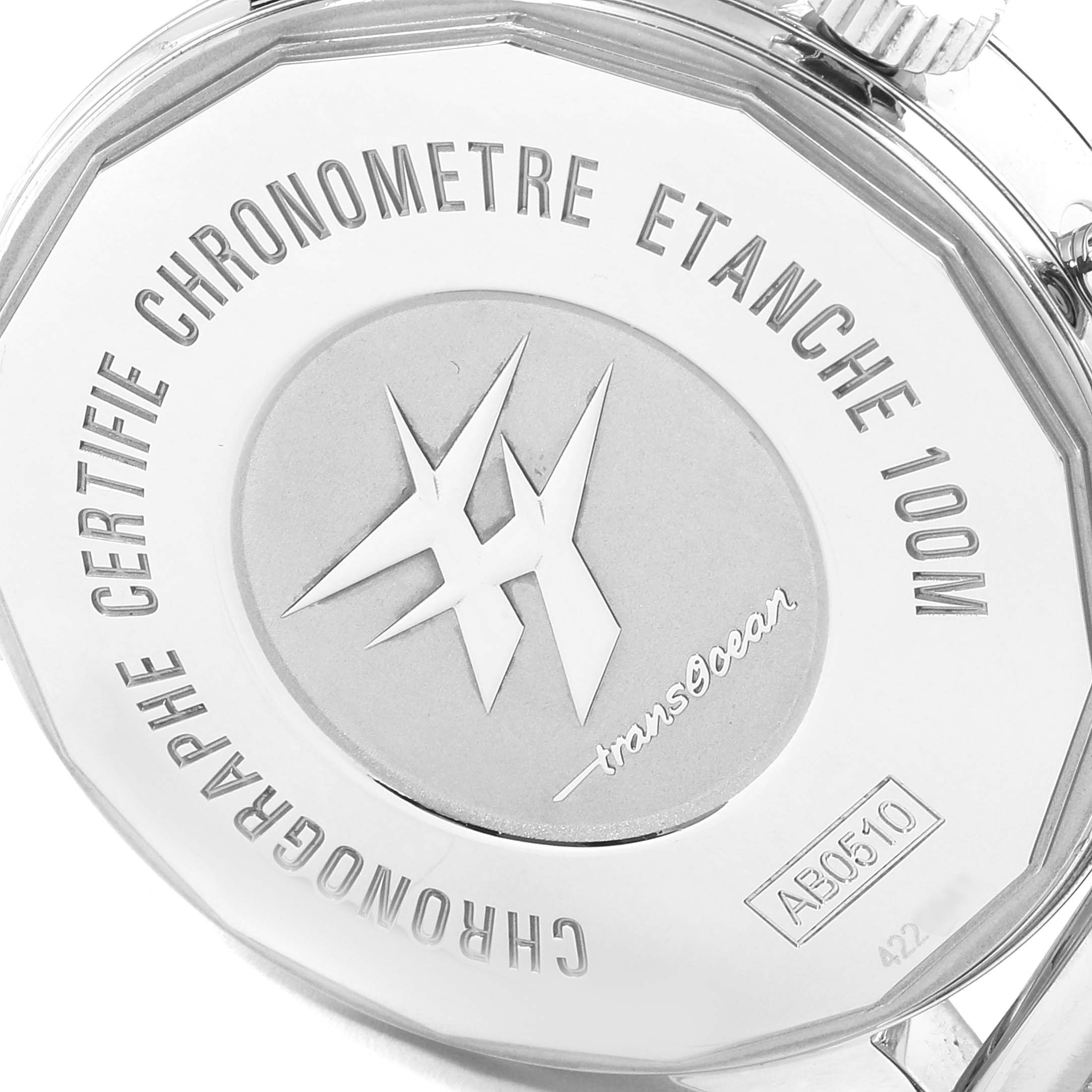 This image shows the case back of a Breitling Transocean AB0510 Men's Stainless Steel Silver Dial AB0510 Men's Stainless Steel Silver Dial watch, featuring its engravings and branding.