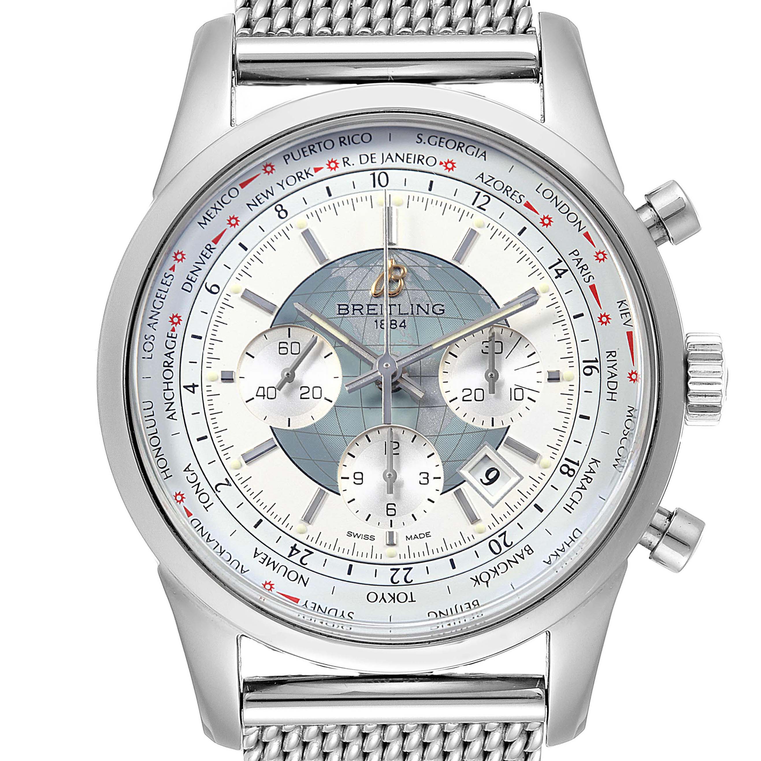 The image shows a front view of the Breitling Transocean AB0510 Men's Stainless Steel Silver Dial AB0510 Men's Stainless Steel Silver Dial watch featuring its dial, subdials, bezel, and crown.