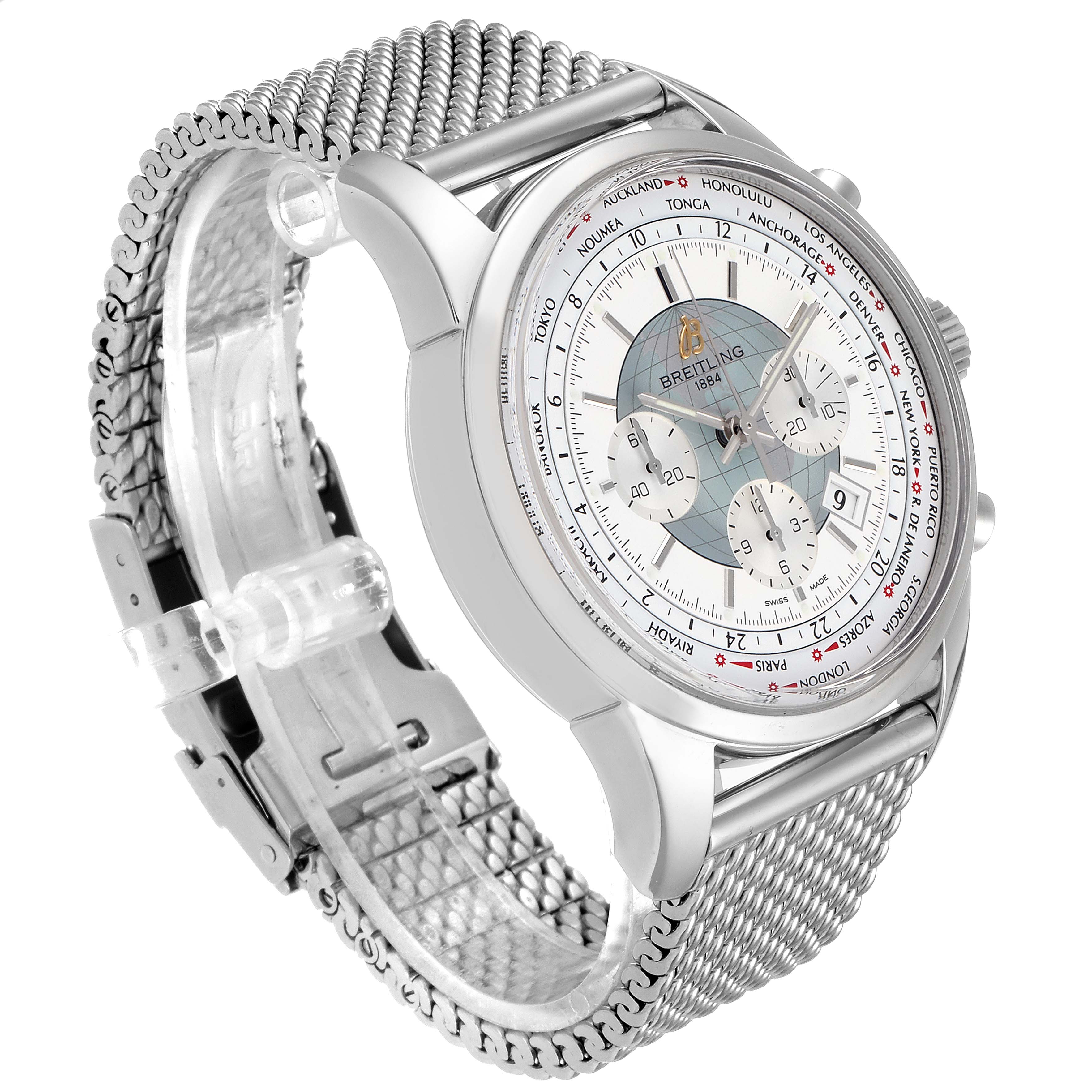 The image shows a side angle of the Breitling Transocean AB0510 Men's Stainless Steel Silver Dial AB0510 Men's Stainless Steel Silver Dial watch, highlighting its mesh bracelet and detailed face.