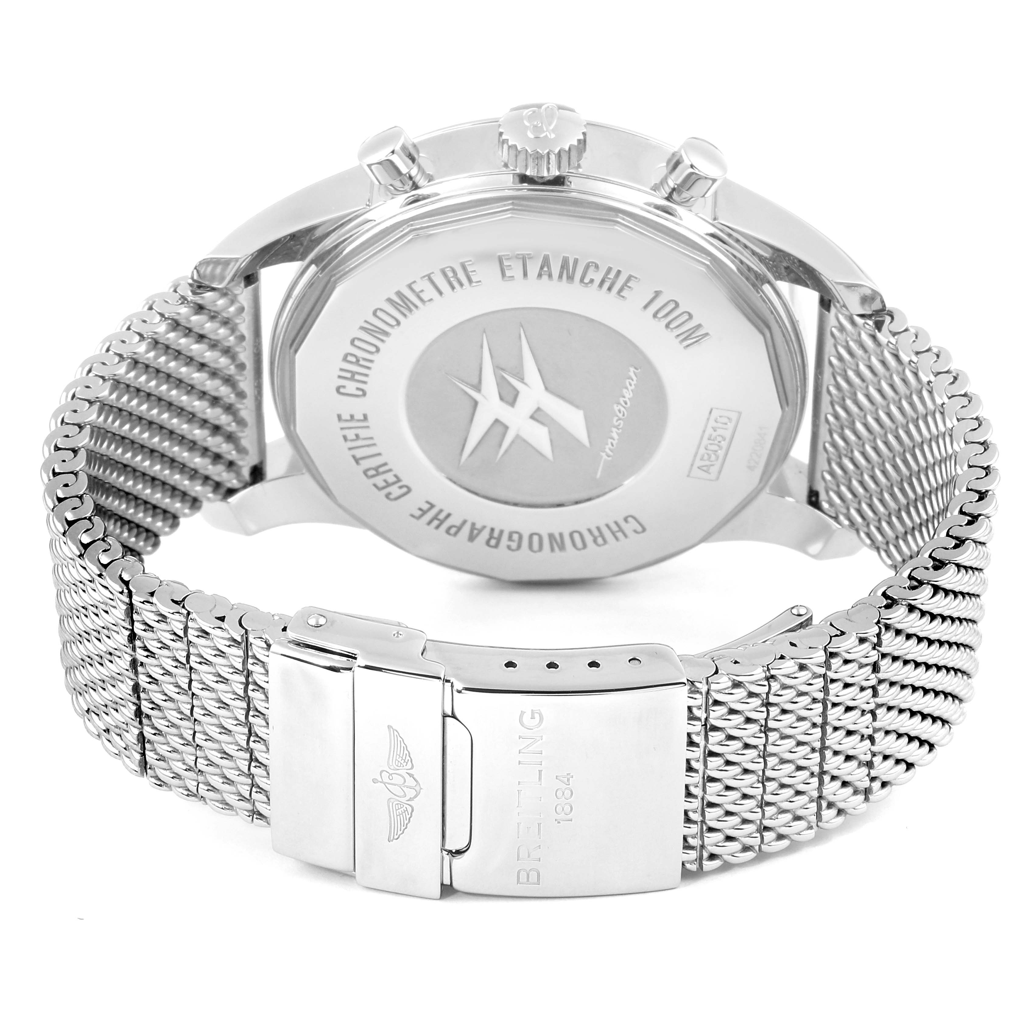 The image shows a back view of a Breitling Transocean AB0510 Men's Stainless Steel Silver Dial AB0510 Men's Stainless Steel Silver Dial watch, highlighting the case back, mesh bracelet, and clasp.