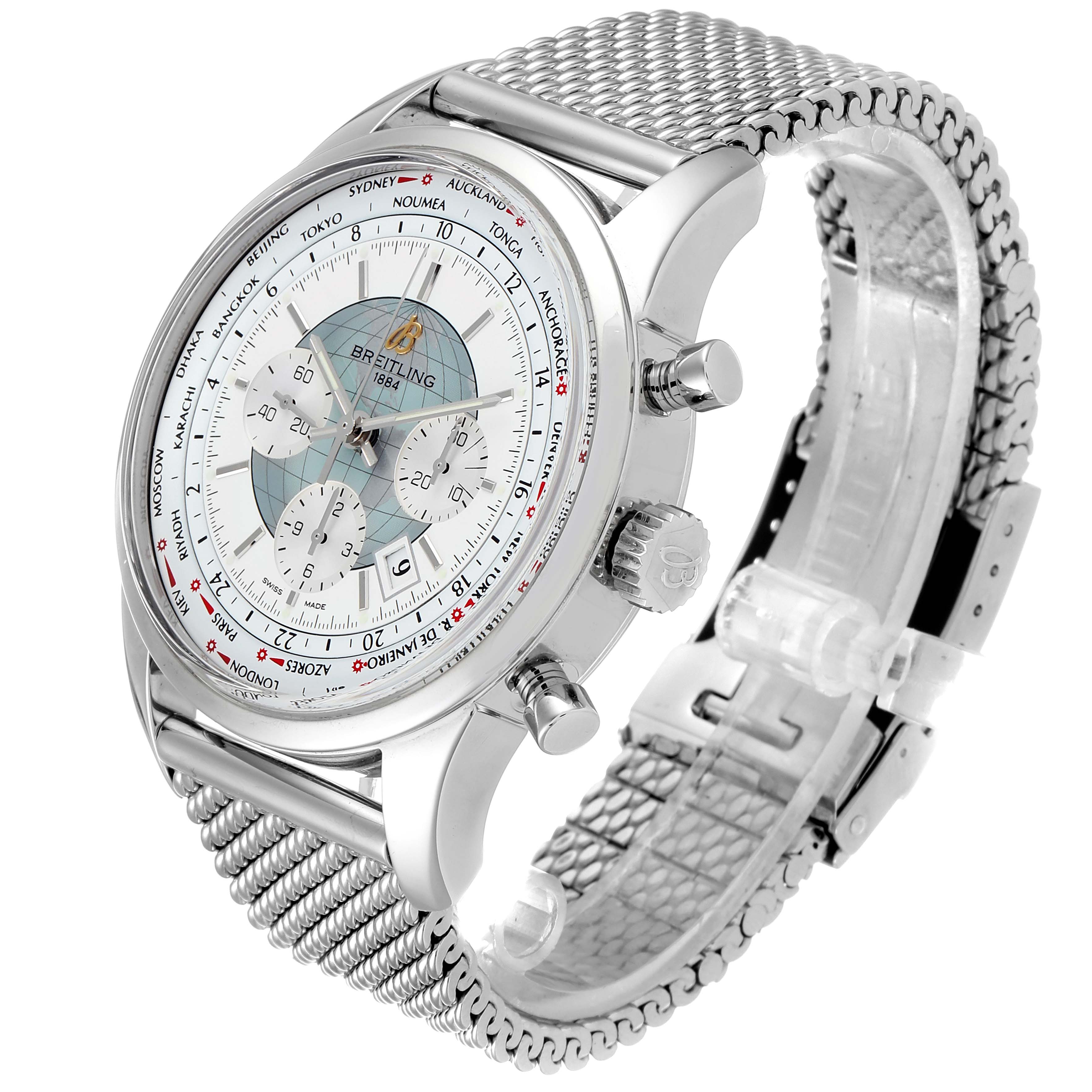 This image shows a Breitling Transocean AB0510 Men's Stainless Steel Silver Dial AB0510 Men's Stainless Steel Silver Dial watch at a 3/4 angle, highlighting its dial, mesh bracelet, and side buttons.