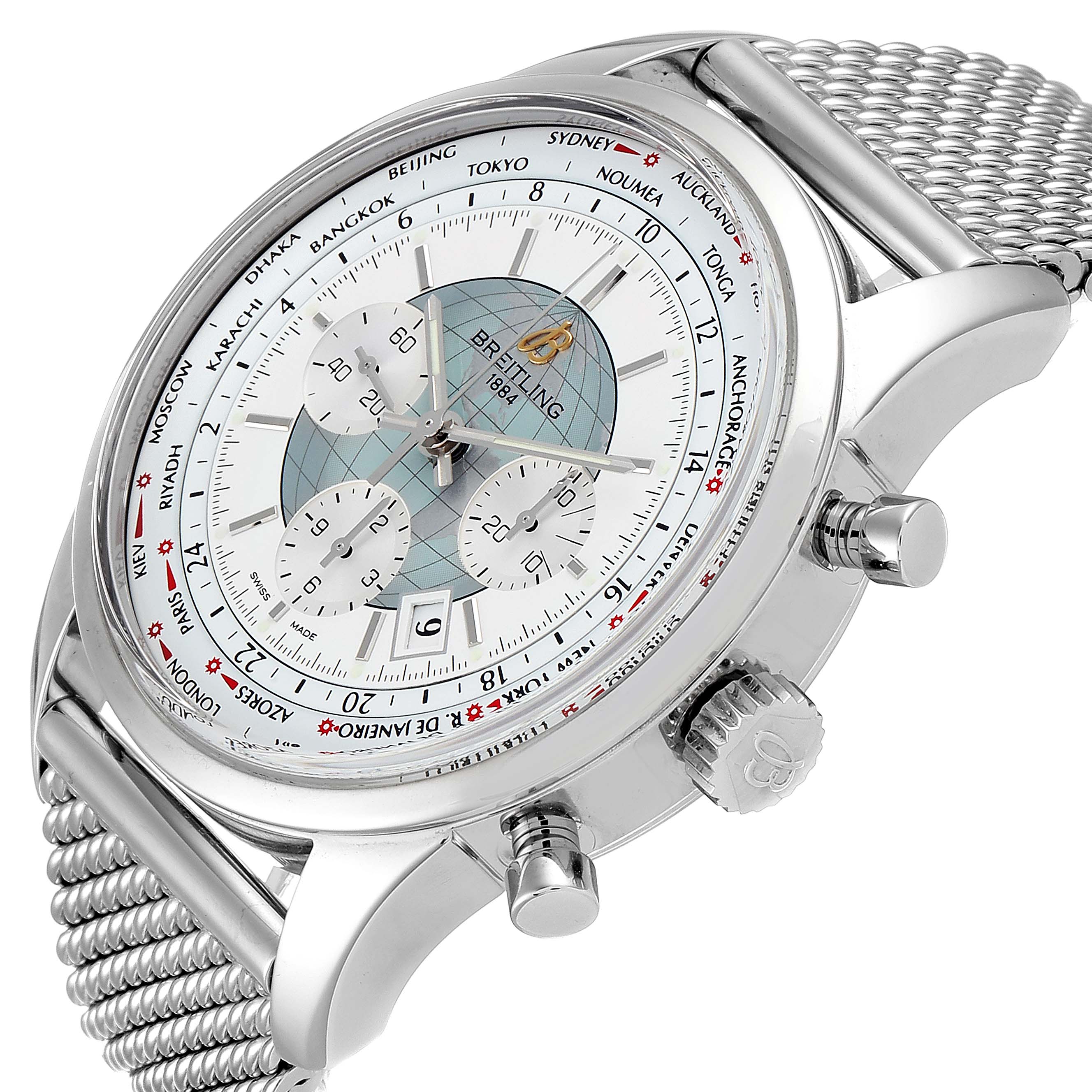 The image shows a Breitling Transocean AB0510 Men's Stainless Steel Silver Dial AB0510 Men's Stainless Steel Silver Dial watch at a slight angle, highlighting the face, three subdials, crown, pushers, and part of the steel mesh bracelet.