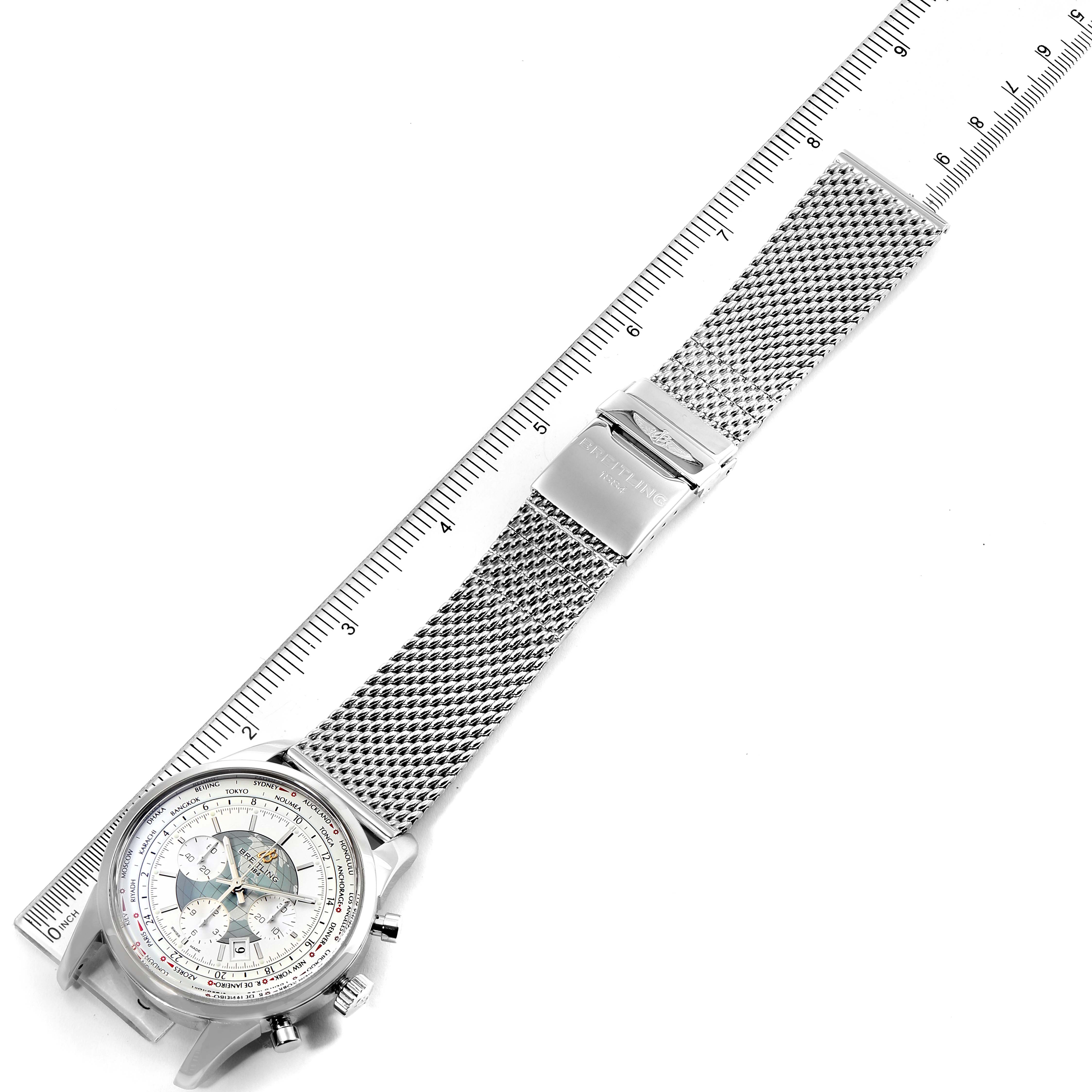 The Breitling Transocean AB0510 Men's Stainless Steel Silver Dial AB0510 Men's Stainless Steel Silver Dial watch is shown from a top-down angle, highlighting the dial, case, mesh strap, and clasp.