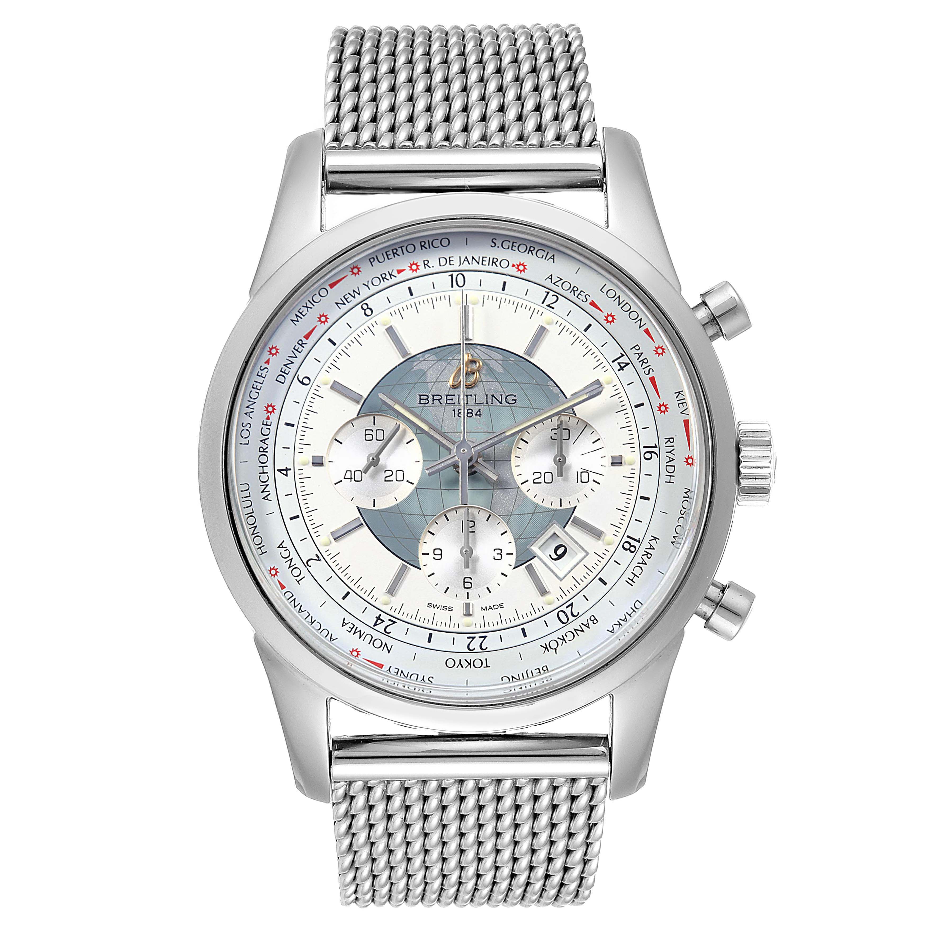 The image shows a front view of the Breitling Transocean AB0510 Men's Stainless Steel Silver Dial AB0510 Men's Stainless Steel Silver Dial watch, highlighting its detailed dial and mesh bracelet.