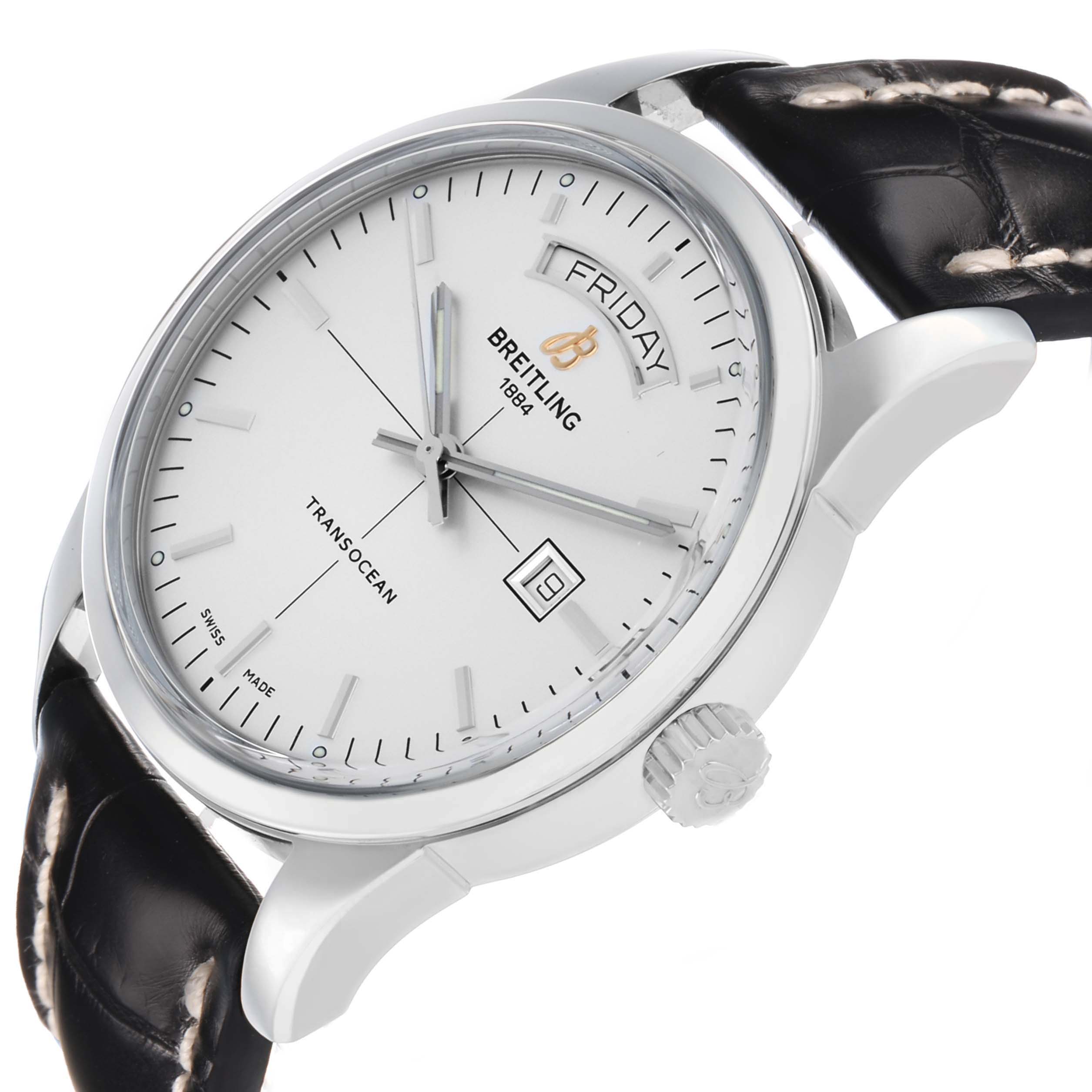 The Breitling Transocean A45310 Men's Stainless Steel Silver Dial watch is shown at an angled view, displaying the dial, crown, and leather strap.