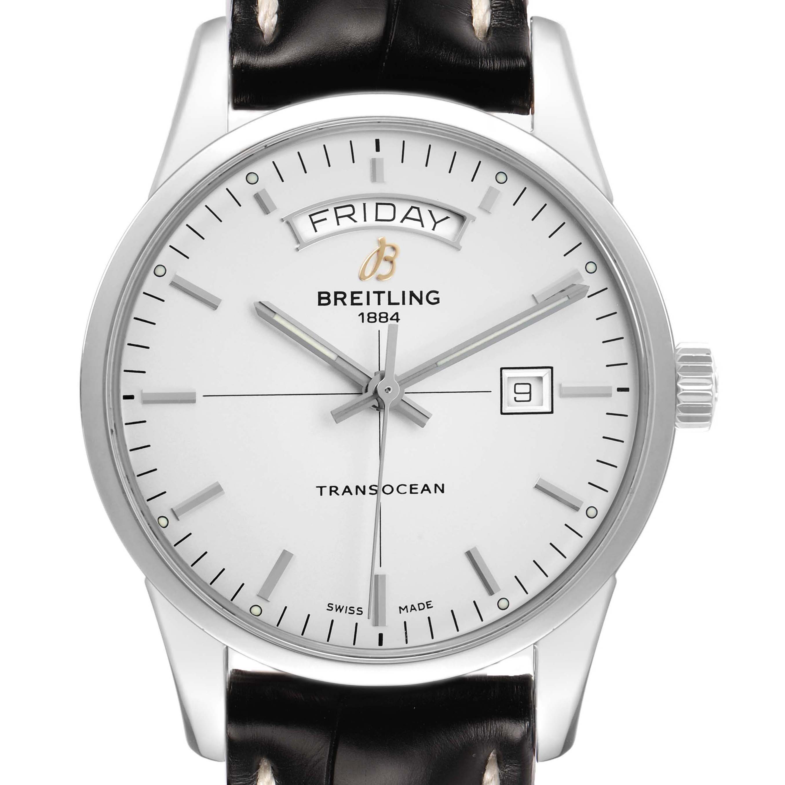 The image shows a front view of the Breitling Transocean A45310 Men's Stainless Steel Silver Dial watch, highlighting the dial, date window, and day display.