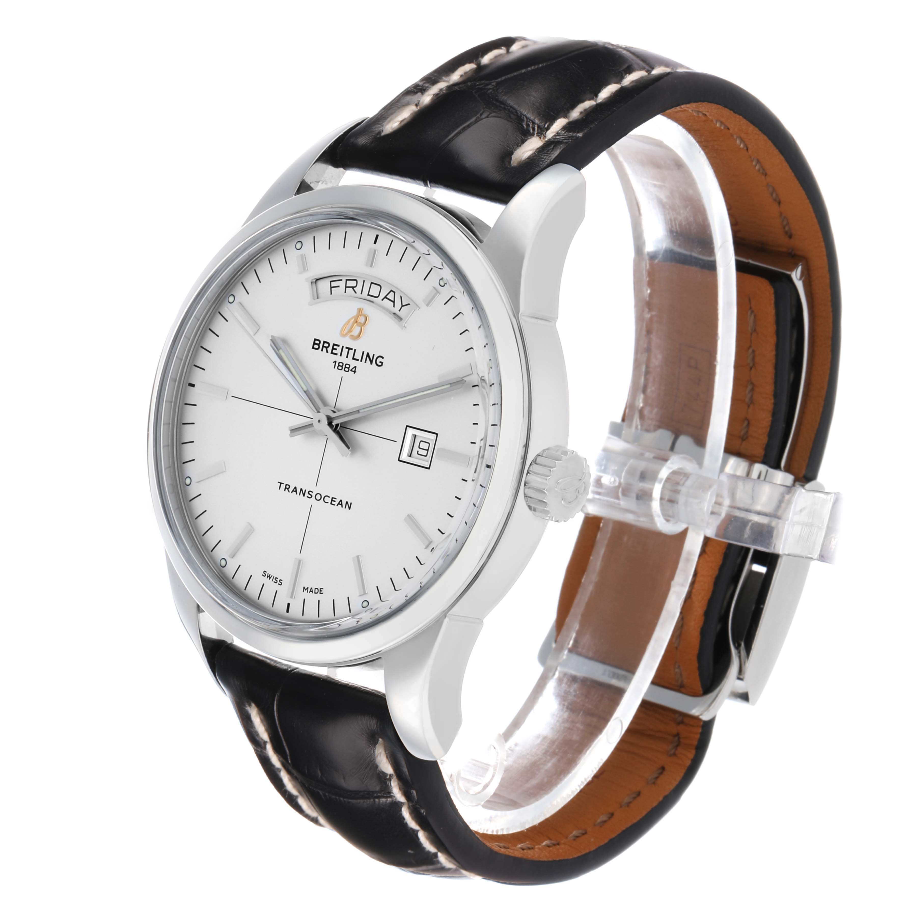 The Breitling Transocean A45310 Men's Stainless Steel Silver Dial watch is shown at a three-quarter angle, highlighting the face, crown, and leather strap.