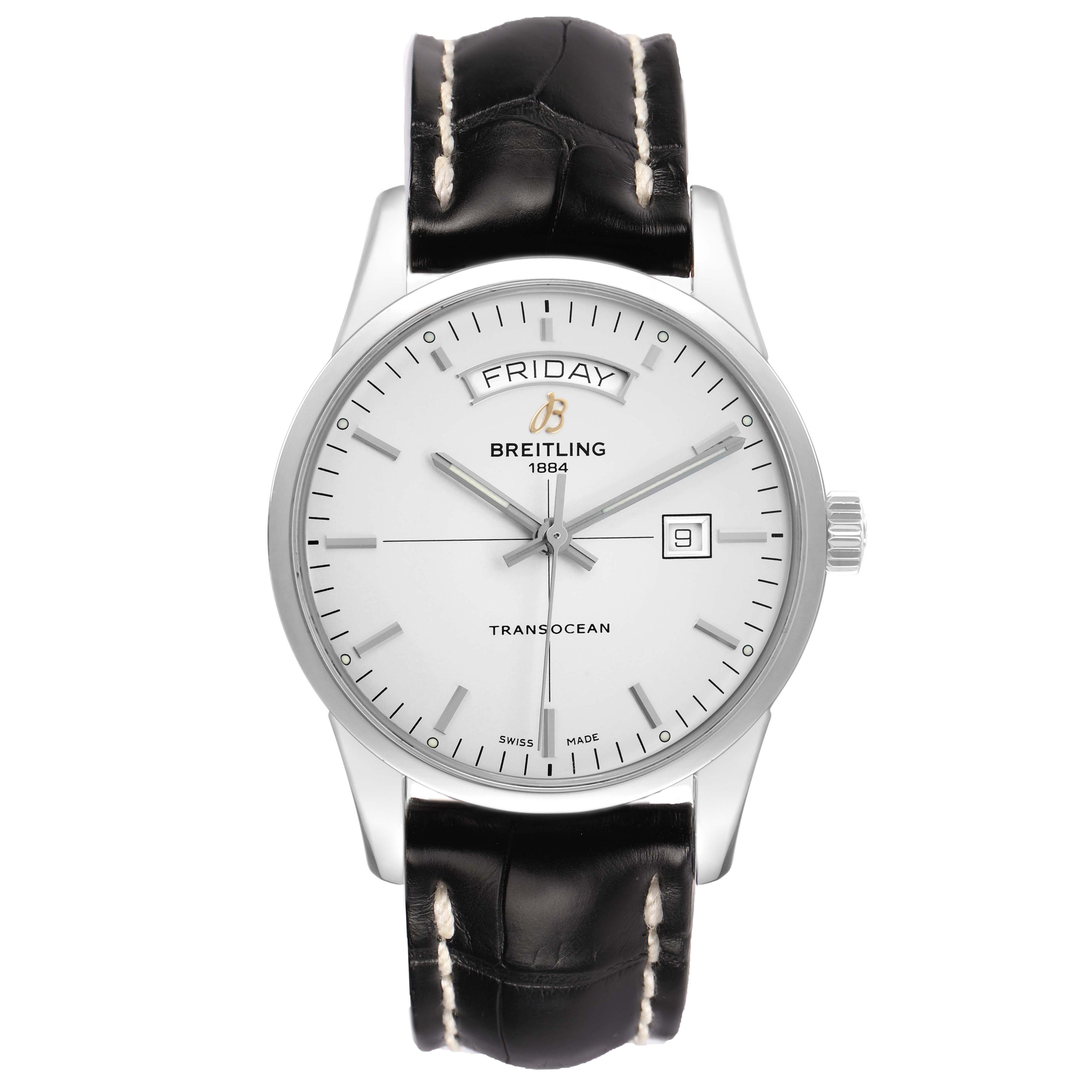 The Breitling Transocean A45310 Men's Stainless Steel Silver Dial watch is shown from the front, displaying the dial, hands, day-date, and black leather strap.