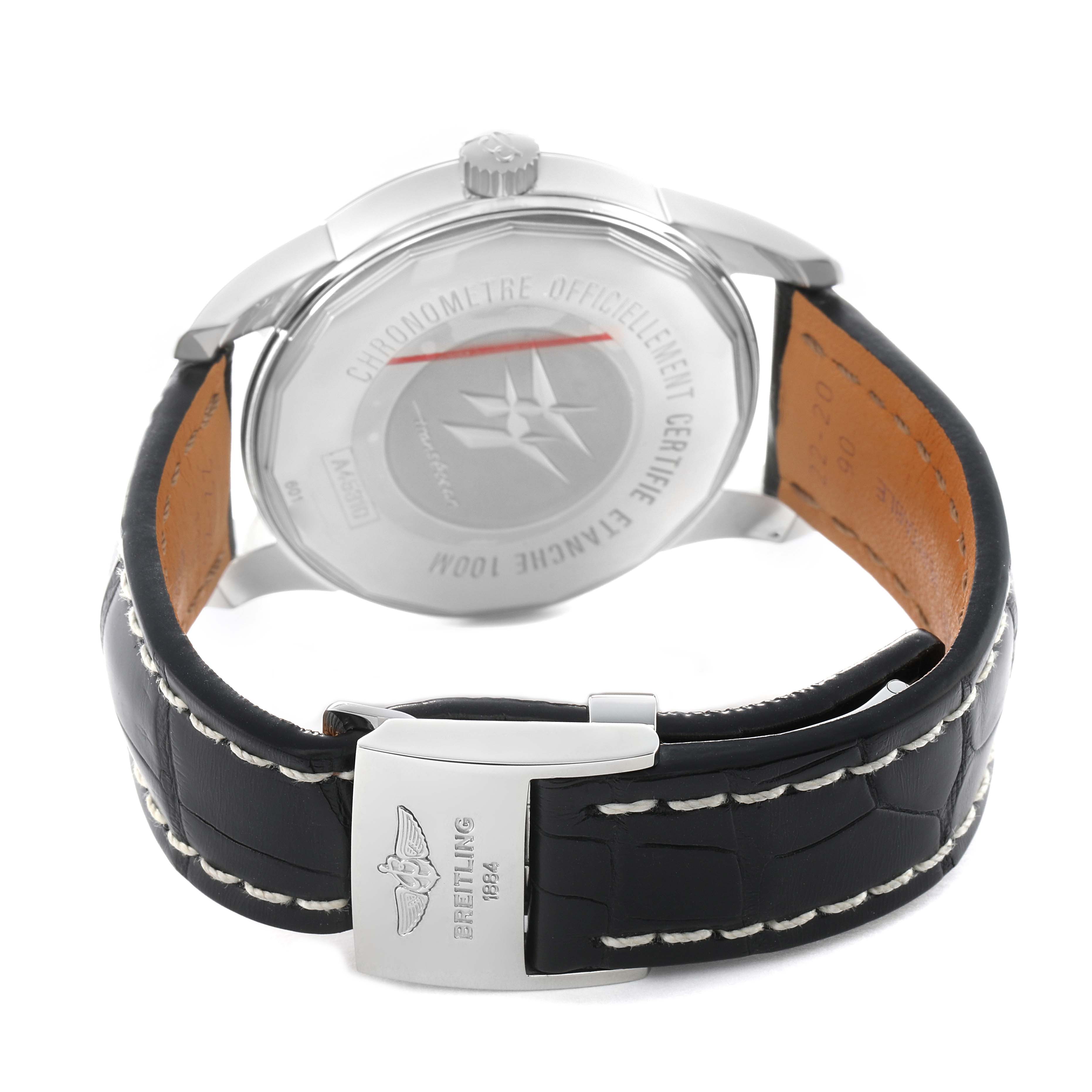 The image shows the back and clasp of the Breitling Transocean A45310 Men's Stainless Steel Silver Dial watch, highlighting the case back and leather strap.