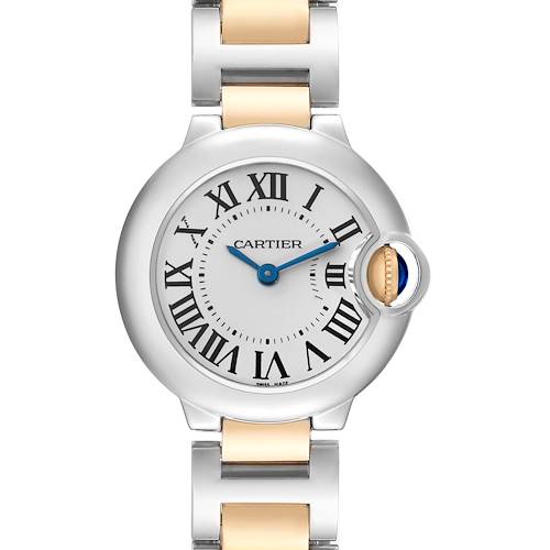 The Ballon Bleu de Cartier watch is shown from the front, displaying the face, Roman numerals, hands, and bracelet.