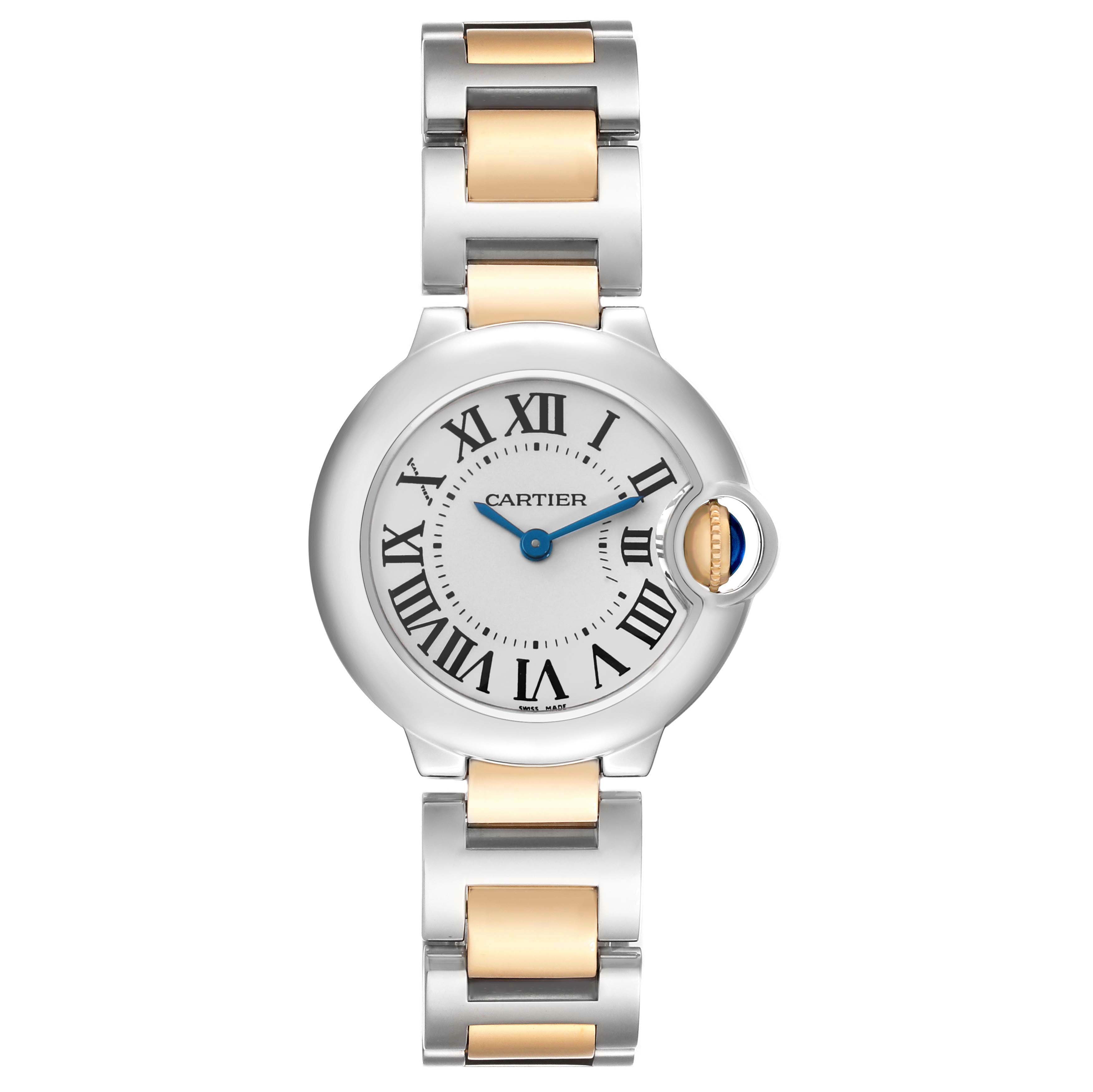 The Cartier Ballon Bleu W69007Z3 Women's Steel and Gold (two tone) Silver Dial watch is shown from a front angle, highlighting the face, roman numerals, and bi-metal bracelet.