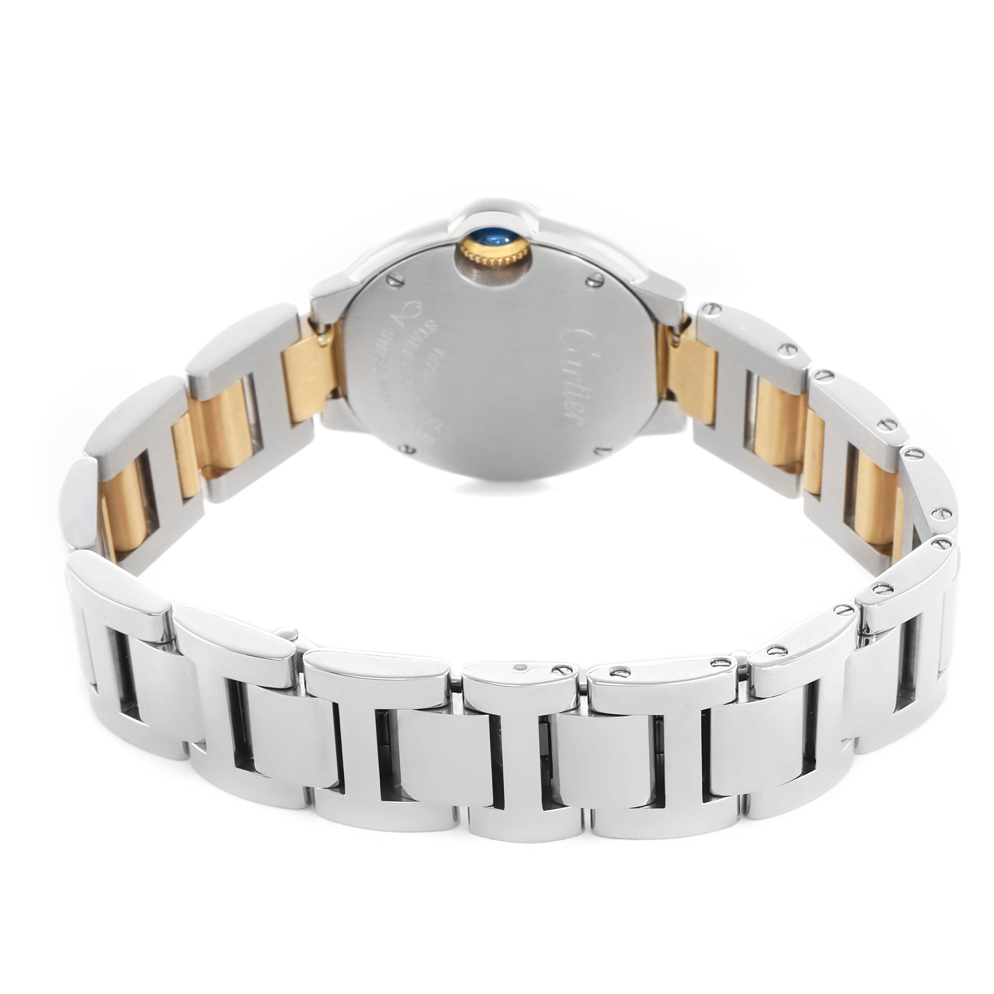 The image shows the back view of a Cartier Ballon Bleu W69007Z3 Women's Steel and Gold (two tone) Silver Dial watch, highlighting its bracelet, case back, and crown.