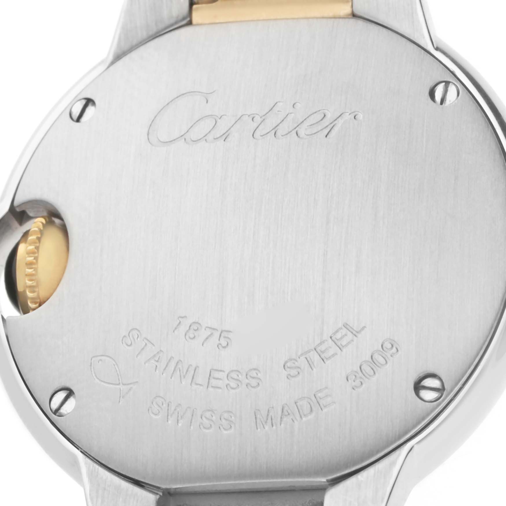 The image shows the back of a Cartier Ballon Bleu W69007Z3 Women's Steel and Gold (two tone) Silver Dial watch case, highlighting the brand engraving and material details.
