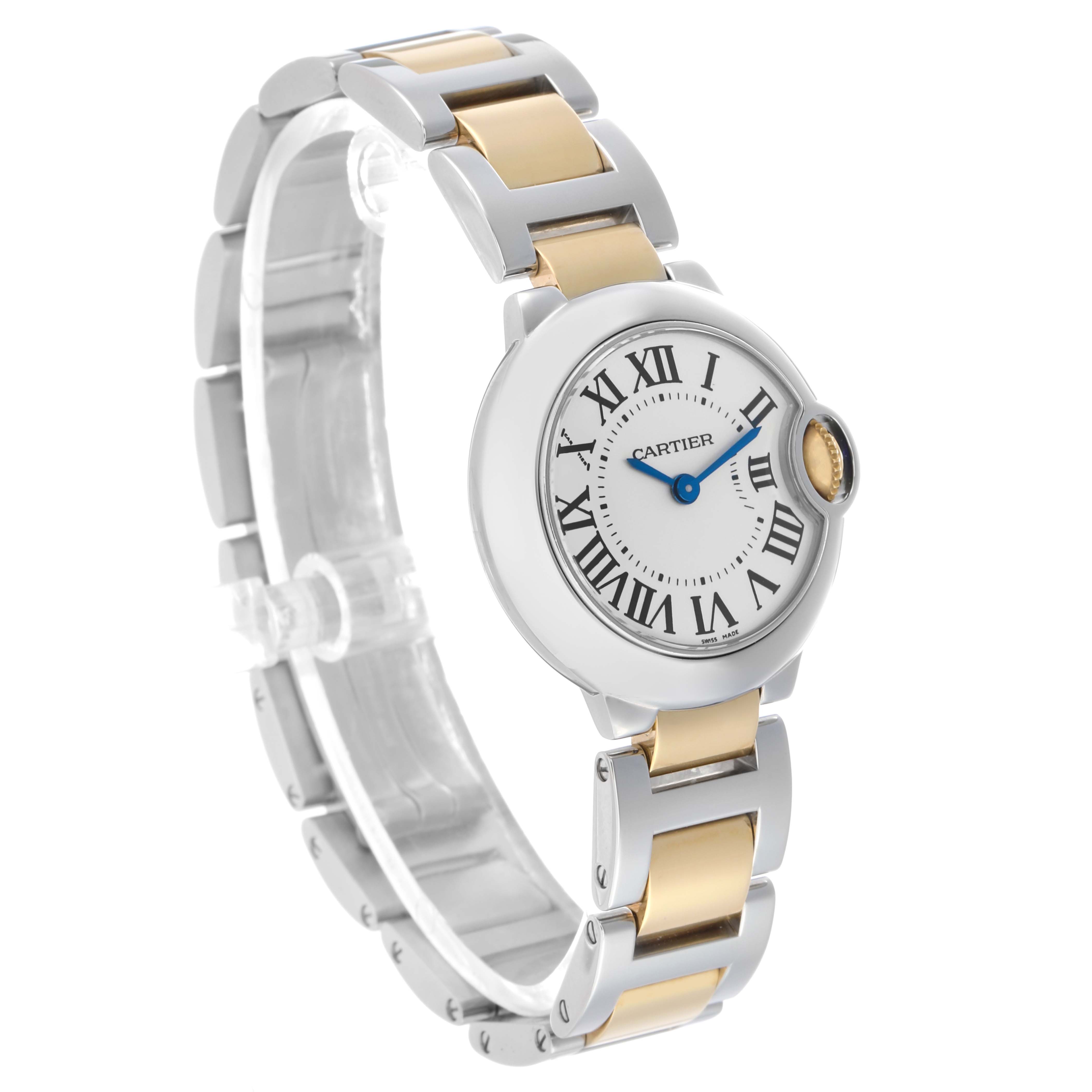 The Cartier Ballon Bleu W69007Z3 Women's Steel and Gold (two tone) Silver Dial watch is shown from a three-quarter angle, highlighting its round face and two-tone metal bracelet.