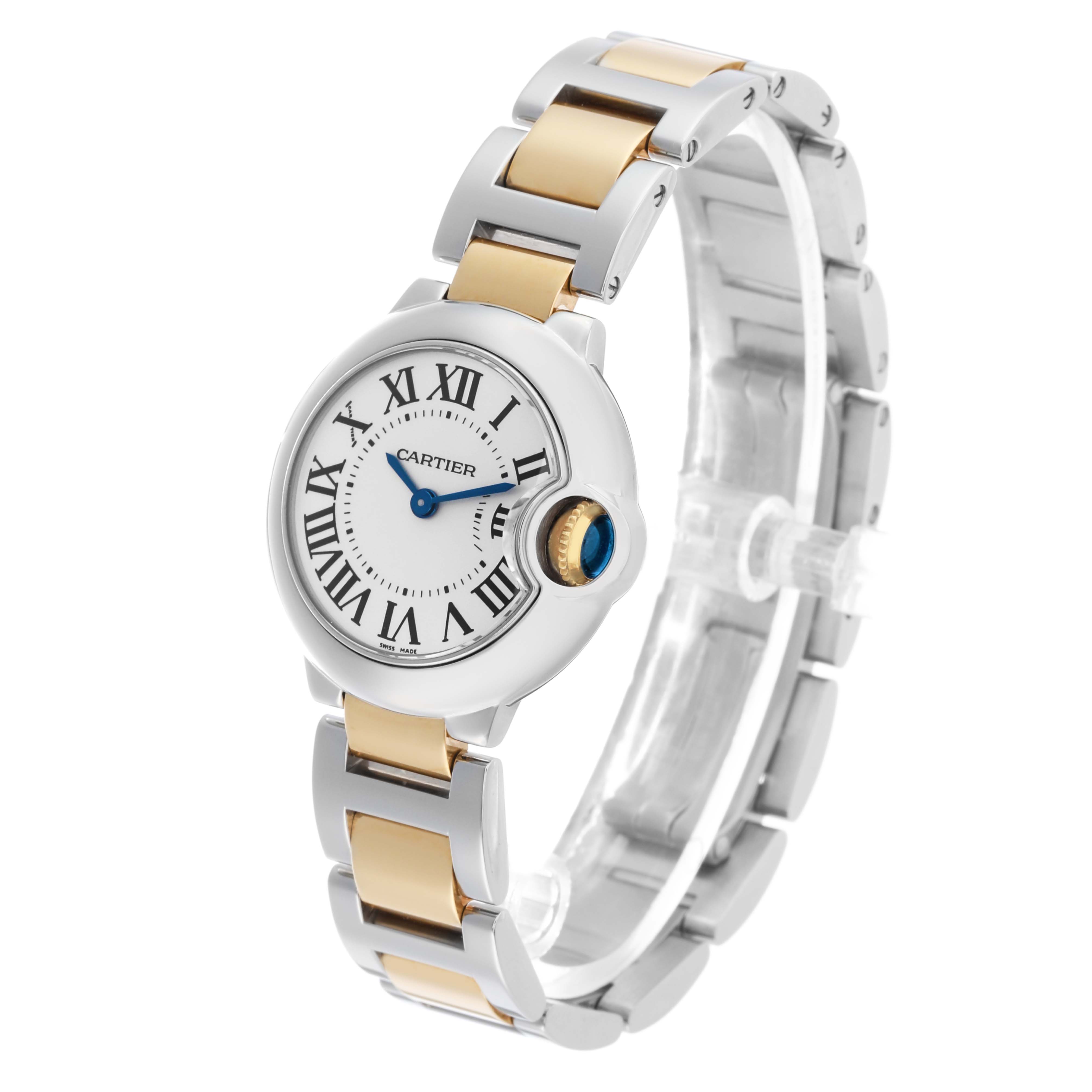 The Cartier Ballon Bleu W69007Z3 Women's Steel and Gold (two tone) Silver Dial watch is shown at a slight angle, highlighting the face, crown, and two-tone bracelet.