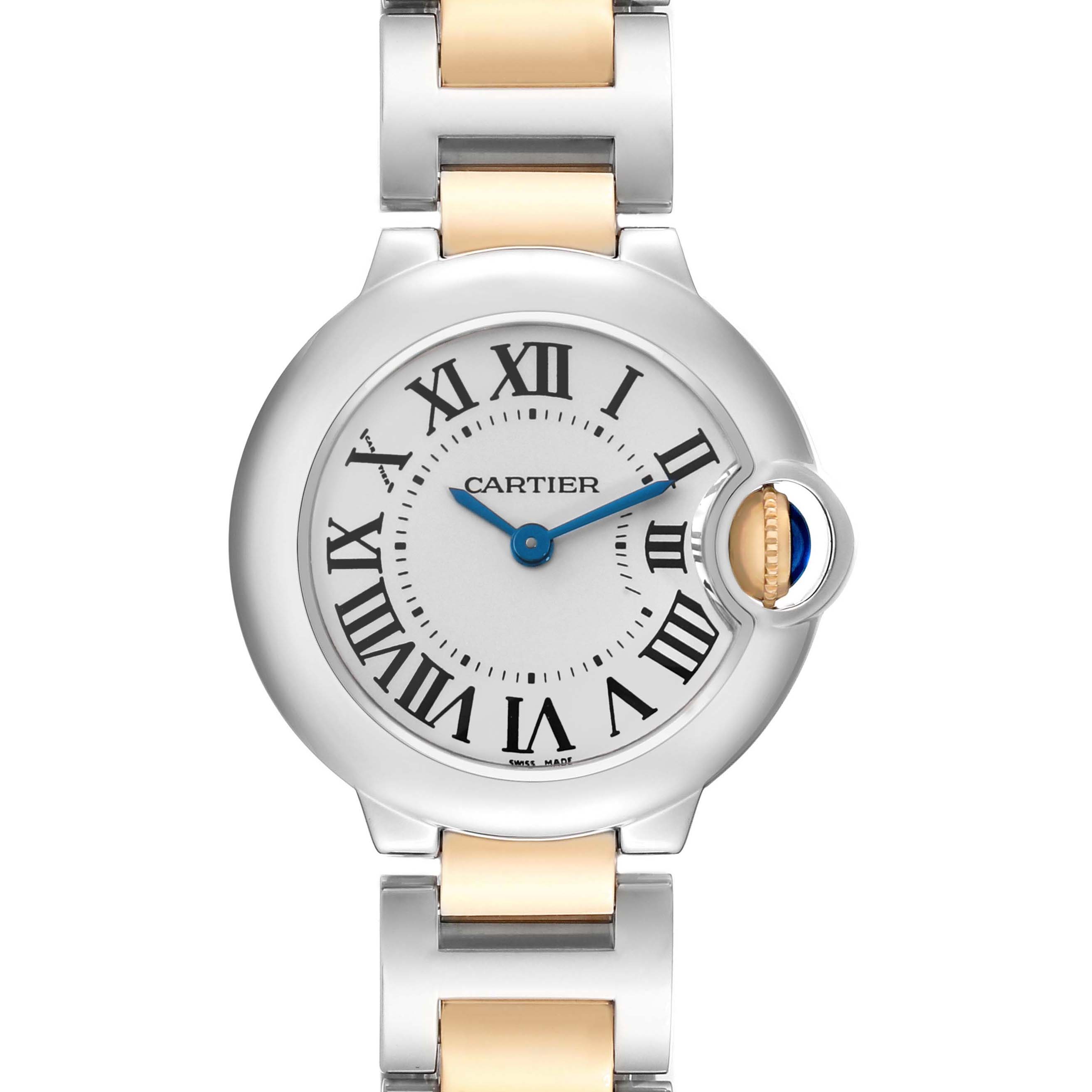 The Cartier Ballon Bleu W69007Z3 Women's Steel and Gold (two tone) Silver Dial watch is shown from a front angle, highlighting its face, crown, and bracelet.