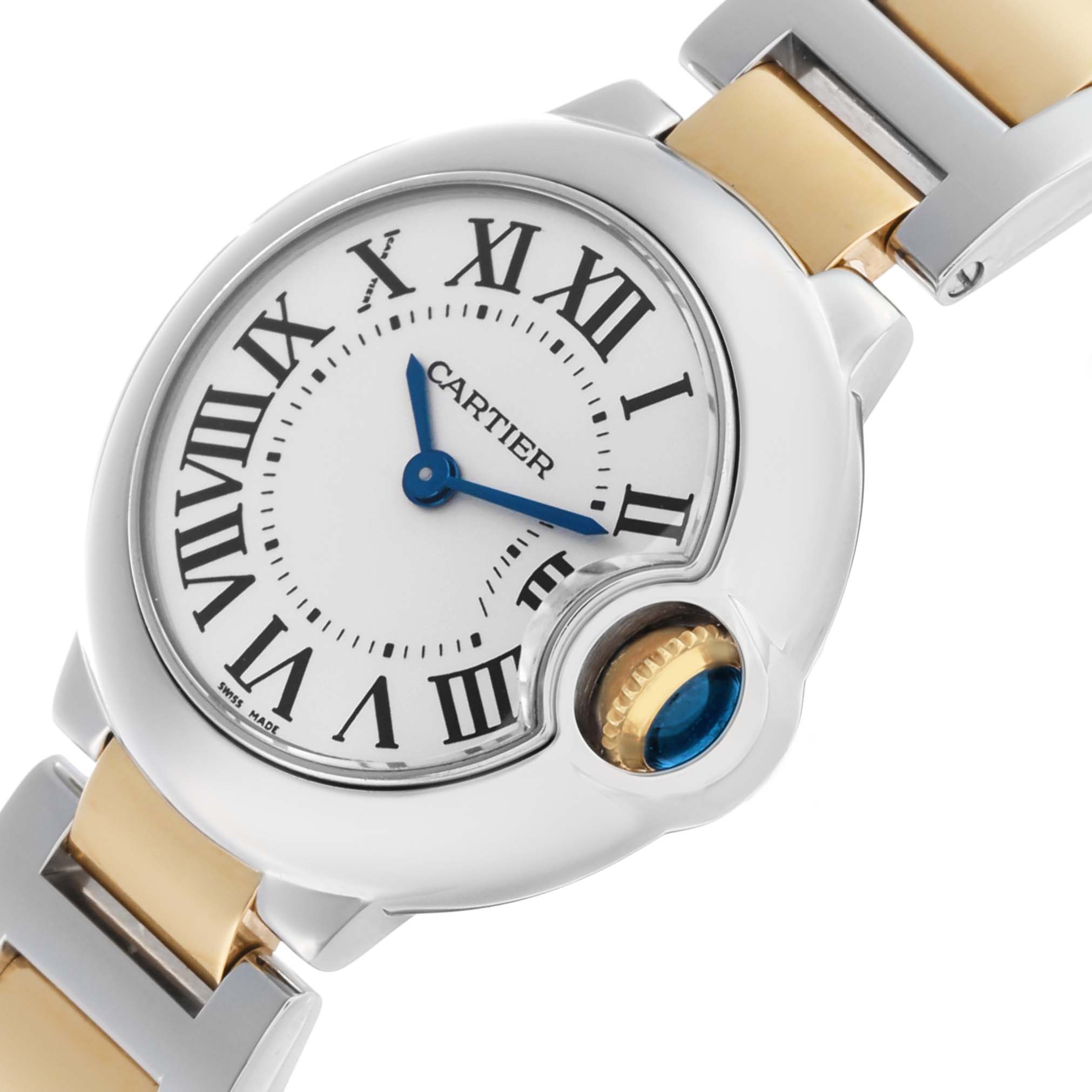 The Cartier Ballon Bleu W69007Z3 Women's Steel and Gold (two tone) Silver Dial watch is shown at an angled view highlighting the face, Roman numerals, and the prominent crown with a blue cabochon.