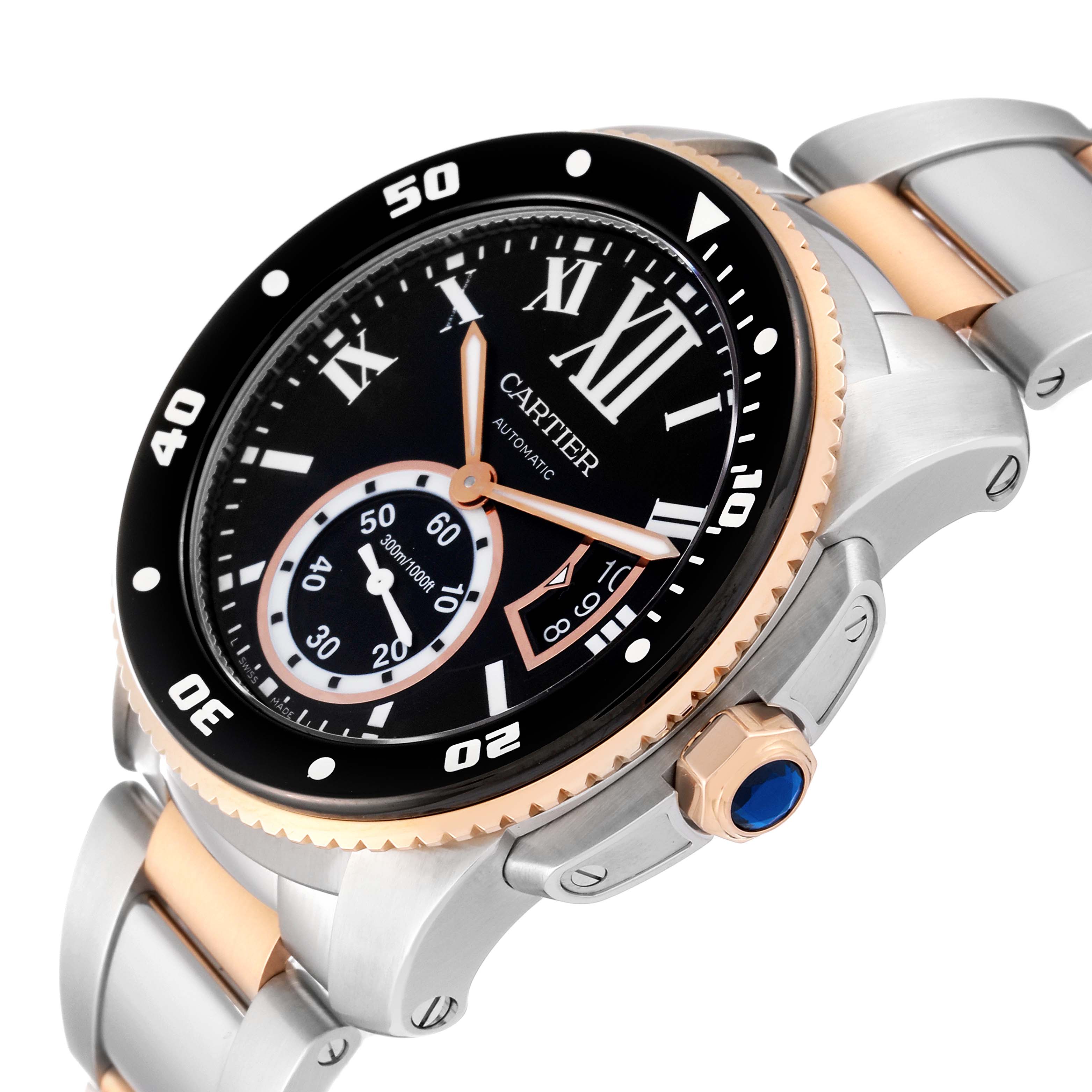 This is an angled view showing the Calibre de Cartier watch face, bezel, crown, and part of the bracelet.