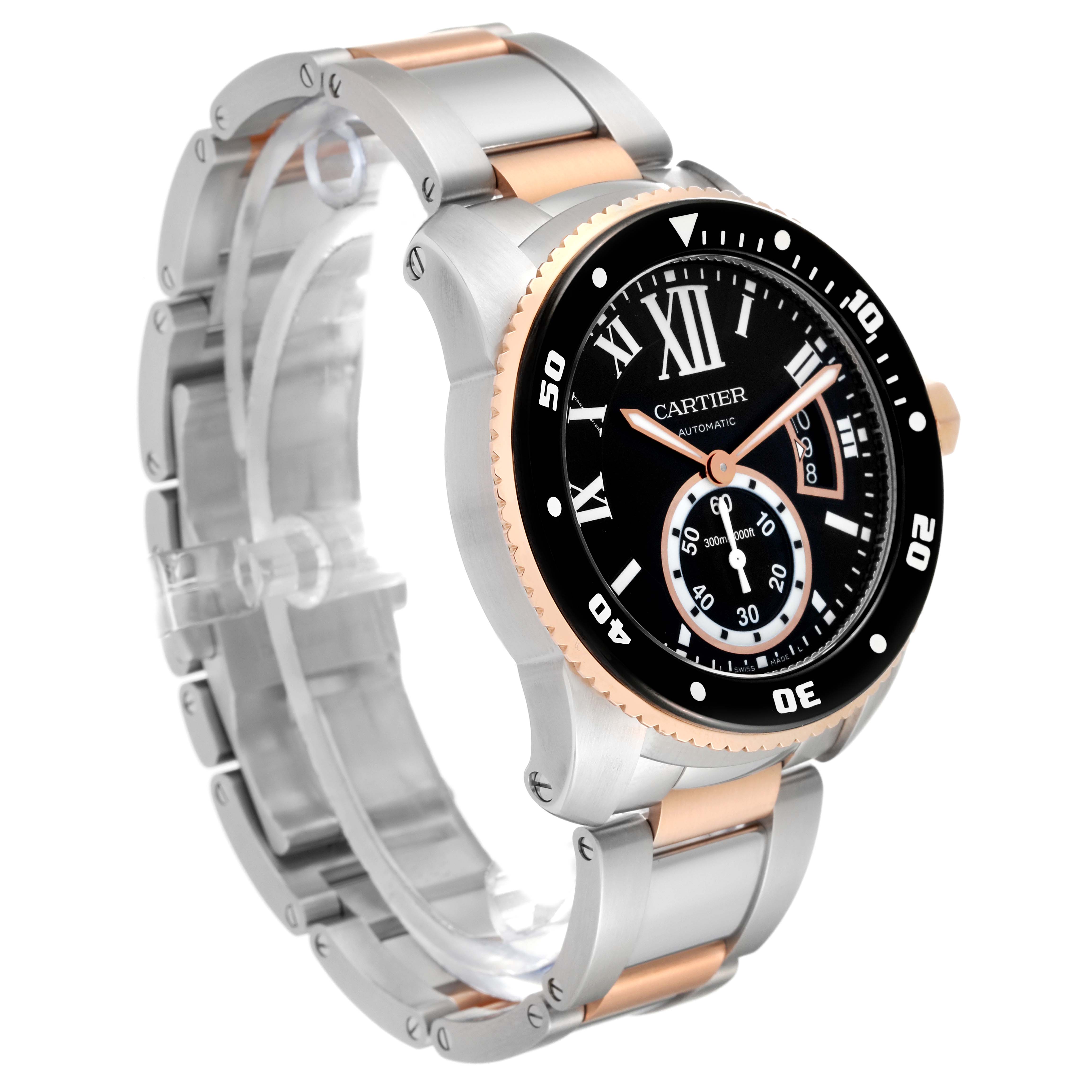 The Calibre de Cartier watch by Cartier is shown at an angle displaying the face, bezel, crown, and bracelet.