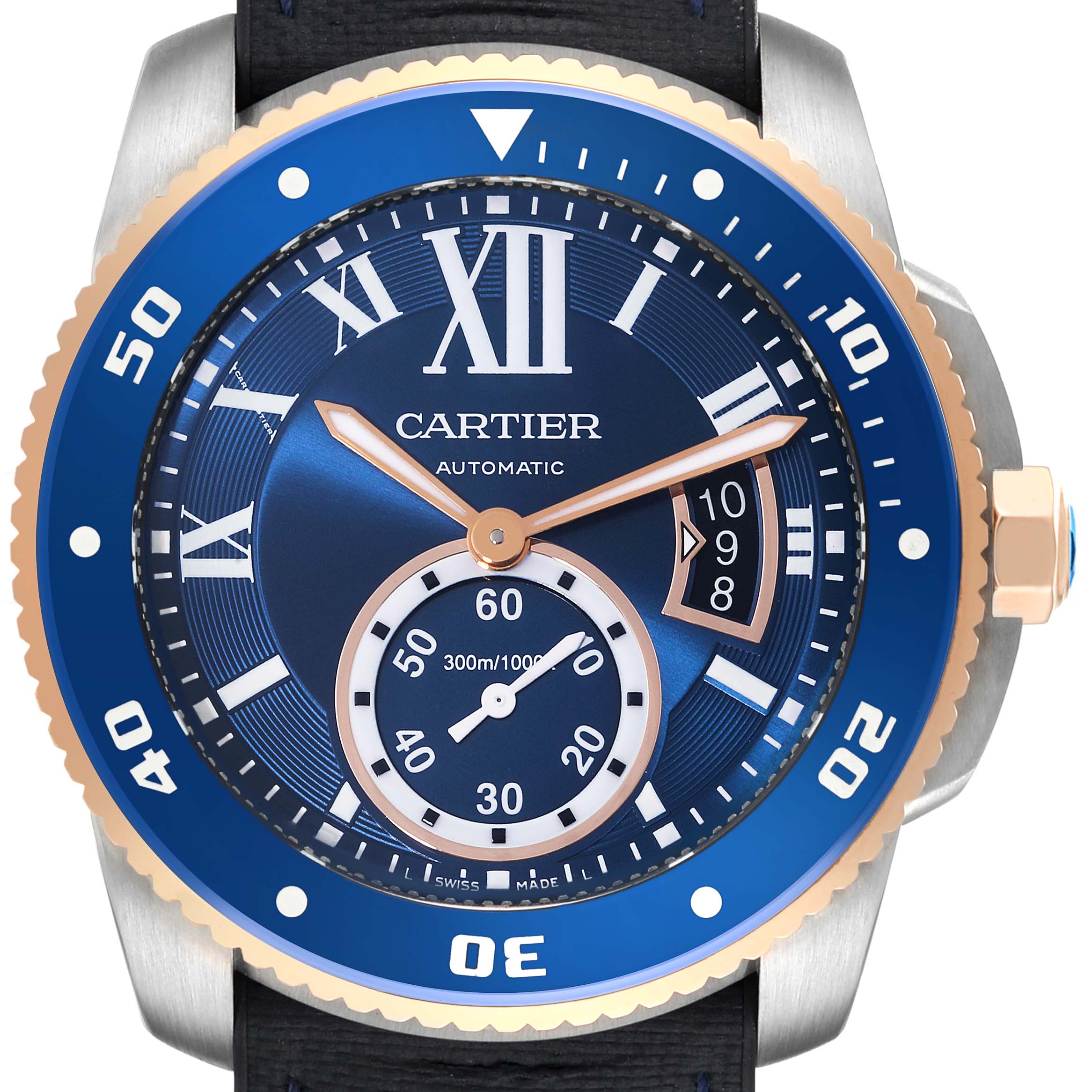 This is a frontal view of the Calibre de Cartier model by Cartier, showing the dial, hands, bezel, and part of the strap.