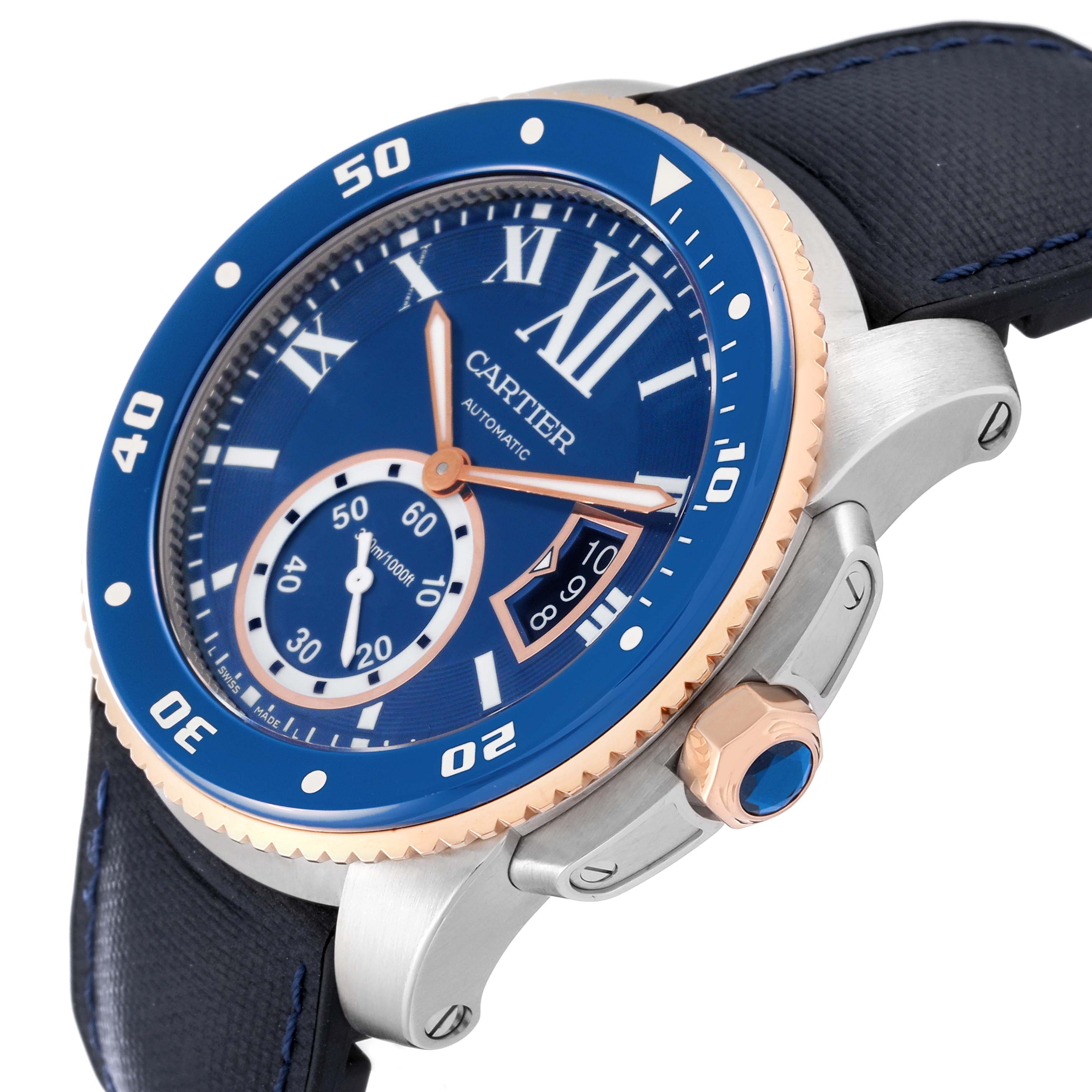 This image shows a side angle of the Calibre de Cartier watch by Cartier, highlighting the blue bezel, crown, and face.