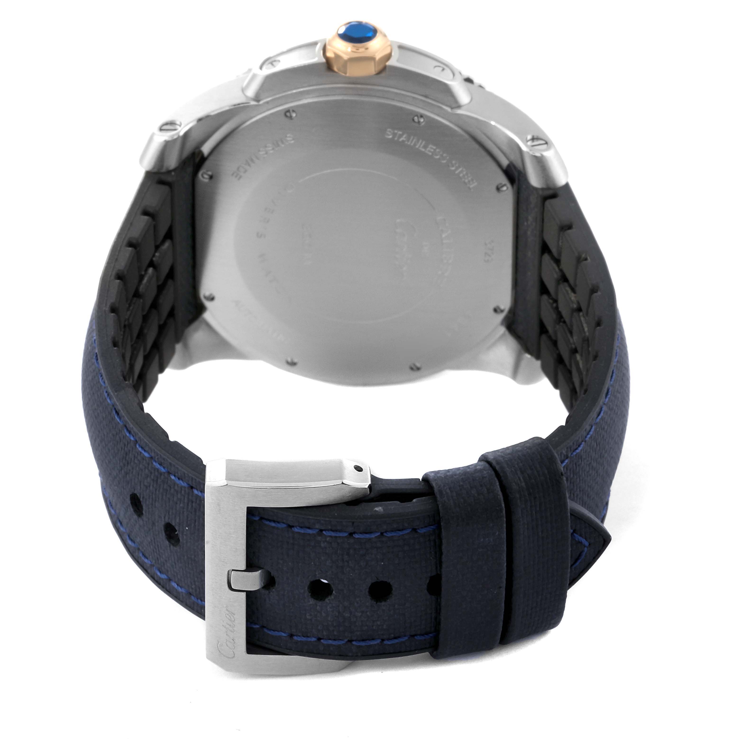 The image shows the back of a Calibre de Cartier watch by Cartier, highlighting its strap and buckle.