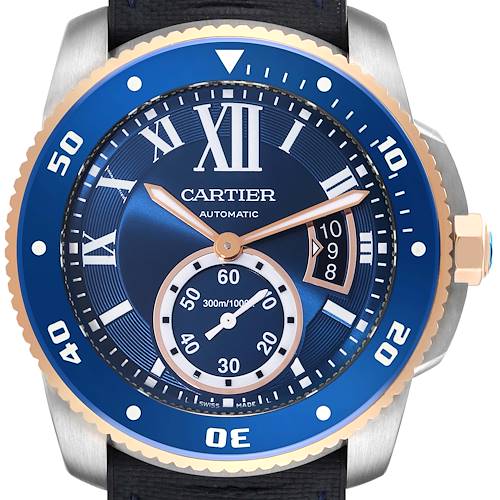 Photo of Cartier Calibre Diver Steel Rose Gold Blue Dial Mens Watch W2CA0008 Box Card