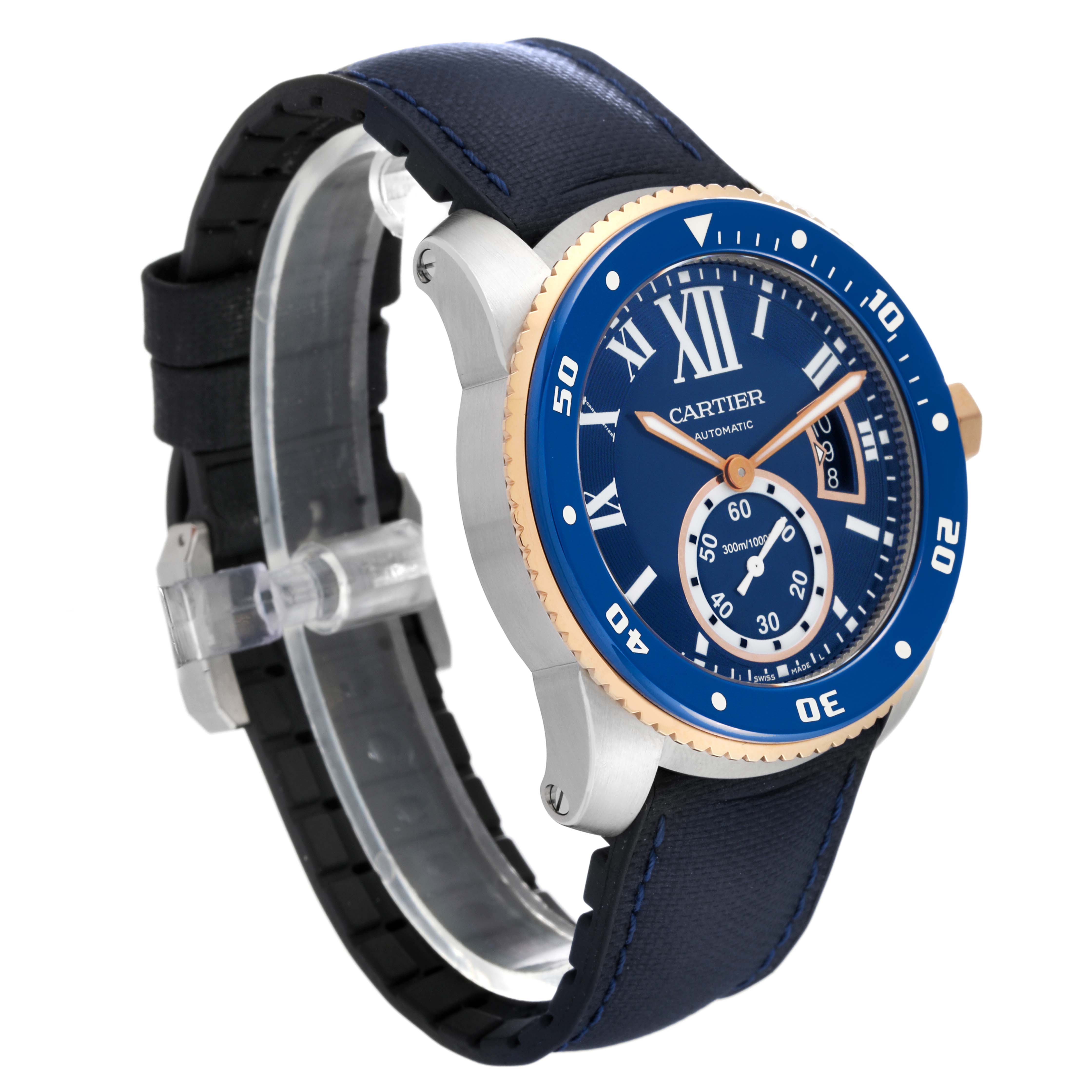 The Calibre de Cartier watch by Cartier is shown from an angled side view, highlighting its blue dial, bezel, and leather strap.