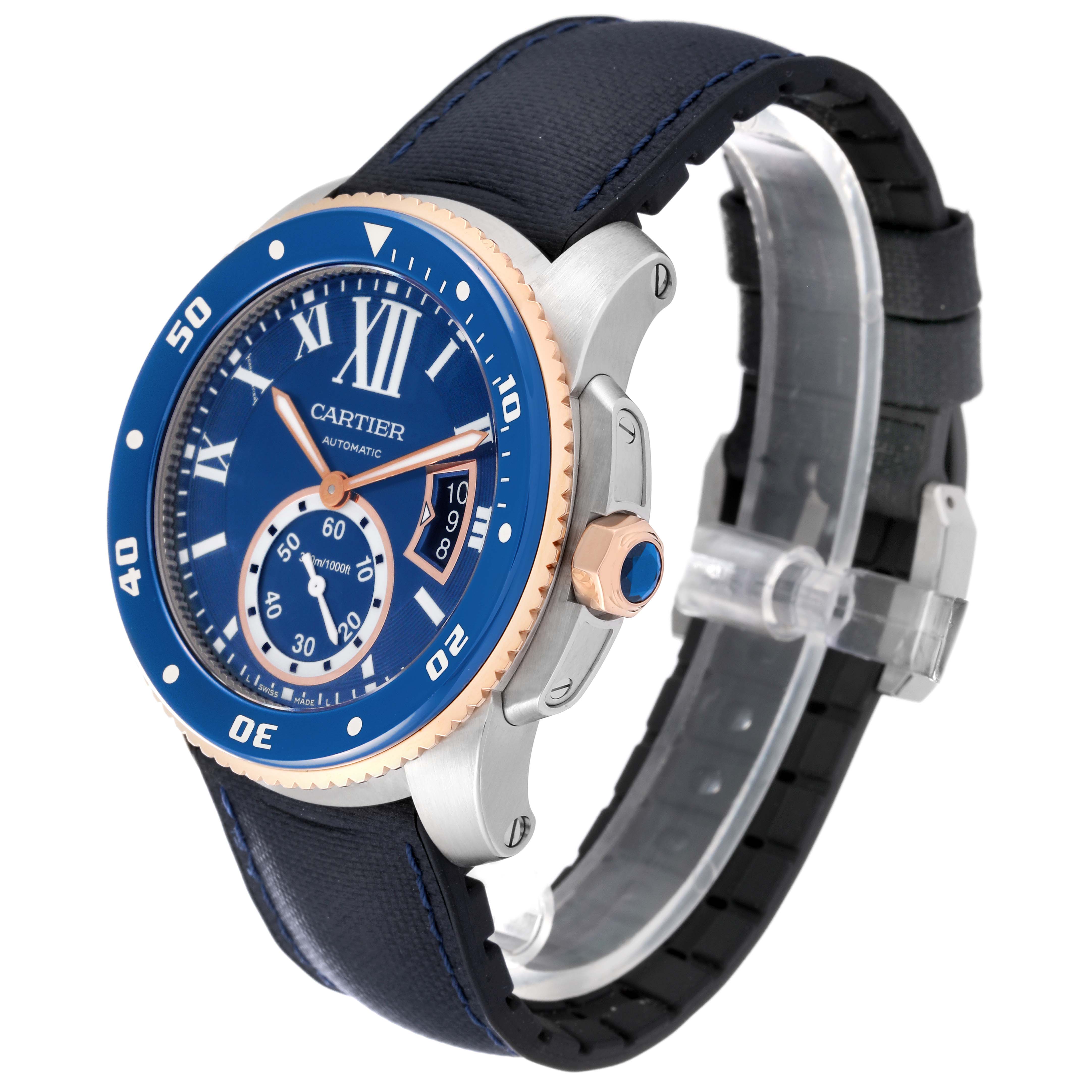 The Calibre de Cartier watch is shown at a three-quarter angle, displaying the face, bezel, crown, and strap.