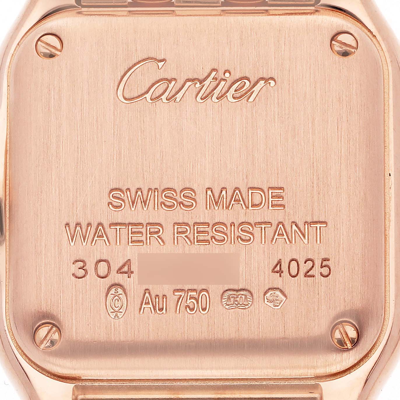 The image shows the back case of the Cartier Panthere WJPN0008 Women's Rose Gold Silver Dial WJPN0008 Women's Rose Gold Silver Dial watch, highlighting branding and specifications.