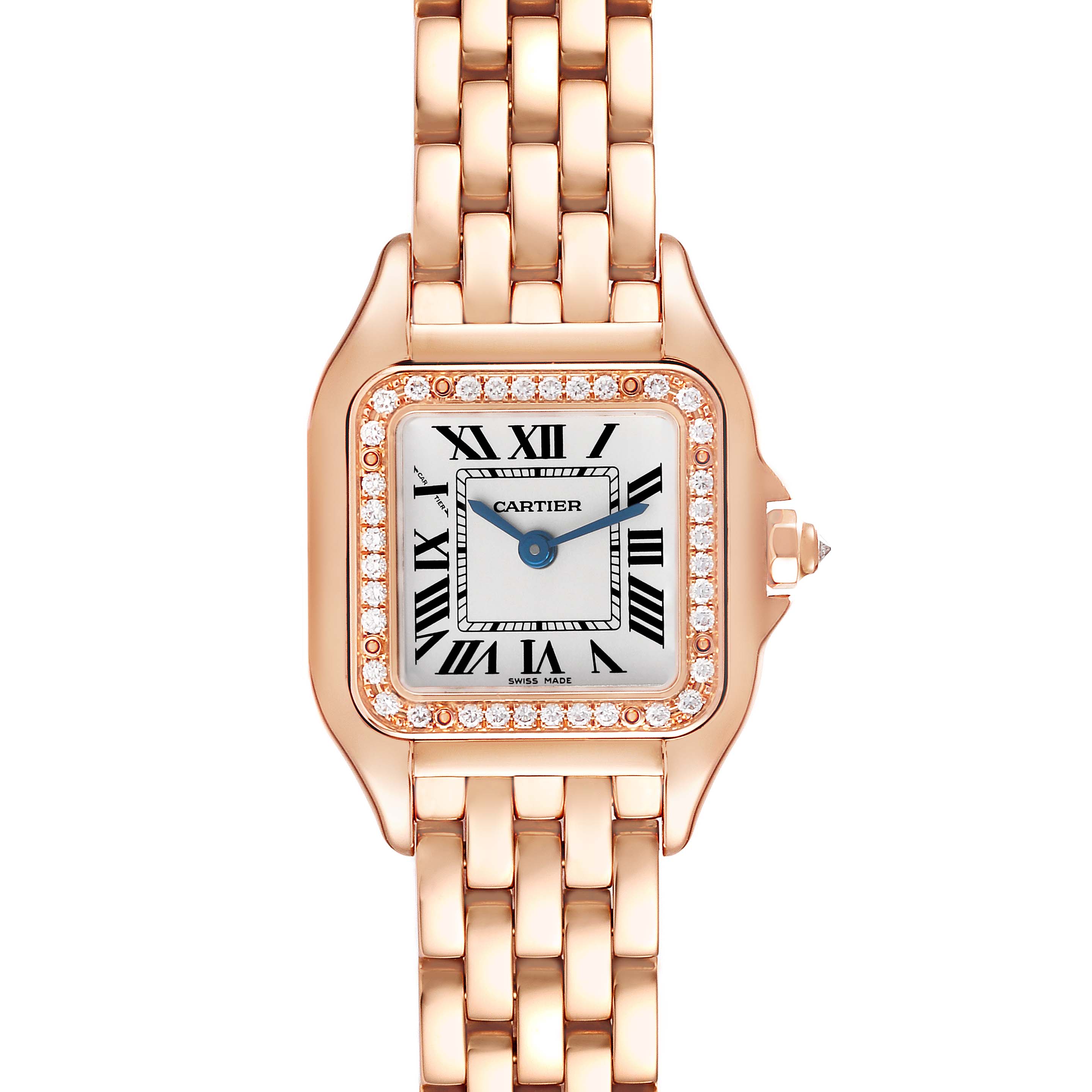 The Cartier Panthere WJPN0008 Women's Rose Gold Silver Dial WJPN0008 Women's Rose Gold Silver Dial watch is shown from a top-down angle, displaying its face, bezel with diamonds, and part of the bracelet.