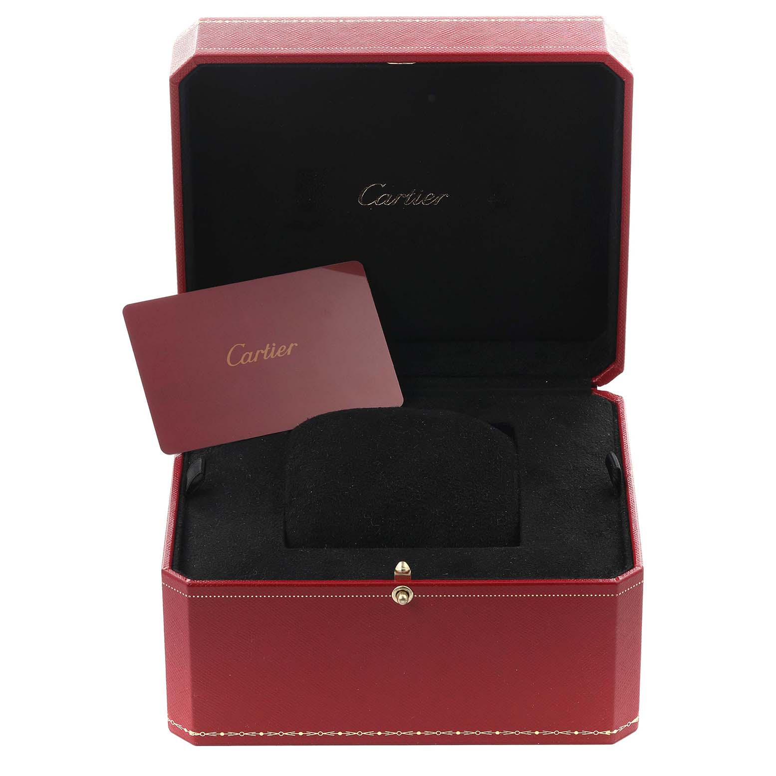 The image shows an open Cartier Panthere WJPN0008 Women's Rose Gold Silver Dial WJPN0008 Women's Rose Gold Silver Dial watch box with a cushion and a Cartier card inside.