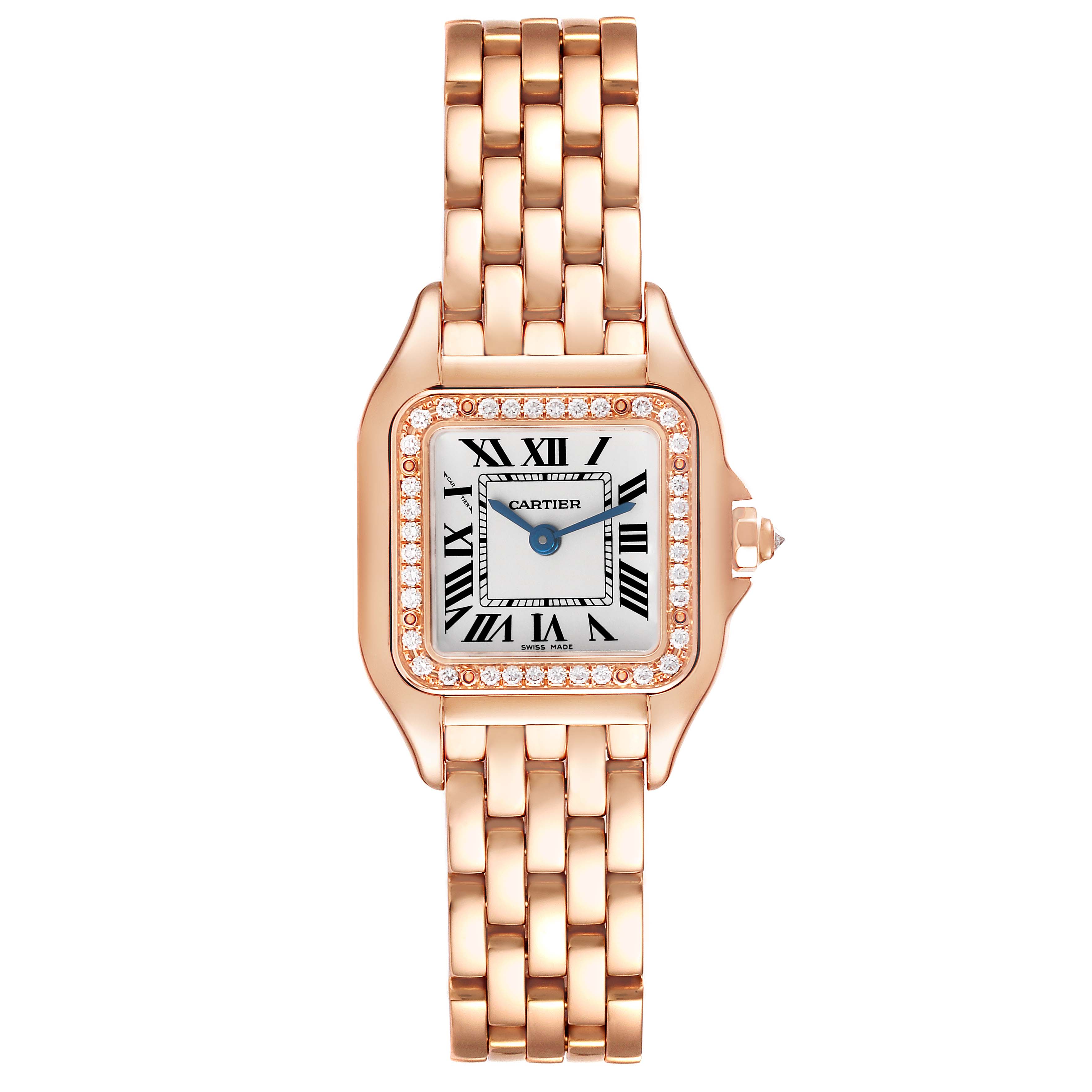 The Cartier Panthere WJPN0008 Women's Rose Gold Silver Dial WJPN0008 Women's Rose Gold Silver Dial watch is shown from a front view, highlighting its square dial, Roman numerals, and linked bracelet.
