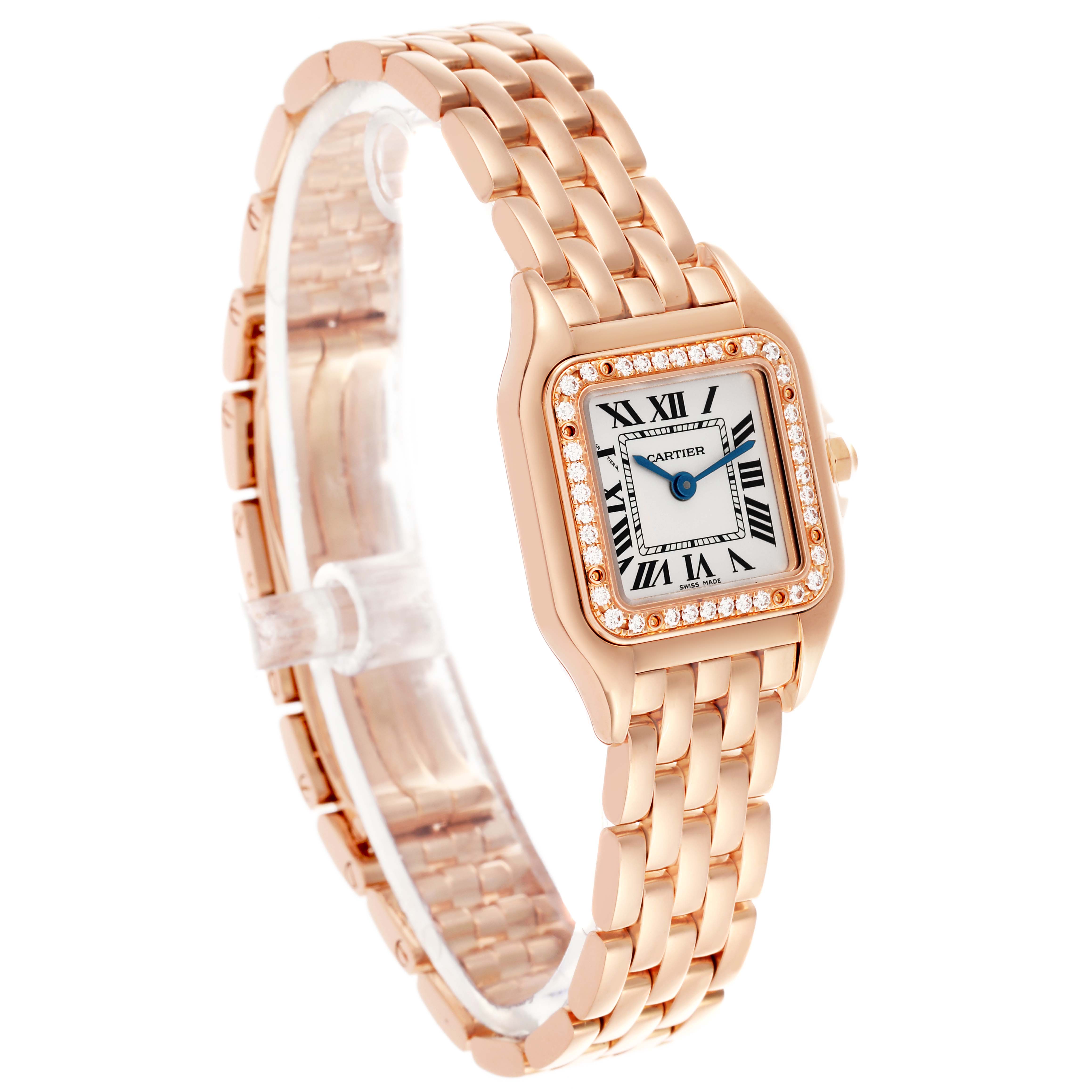 The Cartier Panthere WJPN0008 Women's Rose Gold Silver Dial WJPN0008 Women's Rose Gold Silver Dial watch is shown at a three-quarter angle, highlighting the case, bezel with diamonds, and bracelet.
