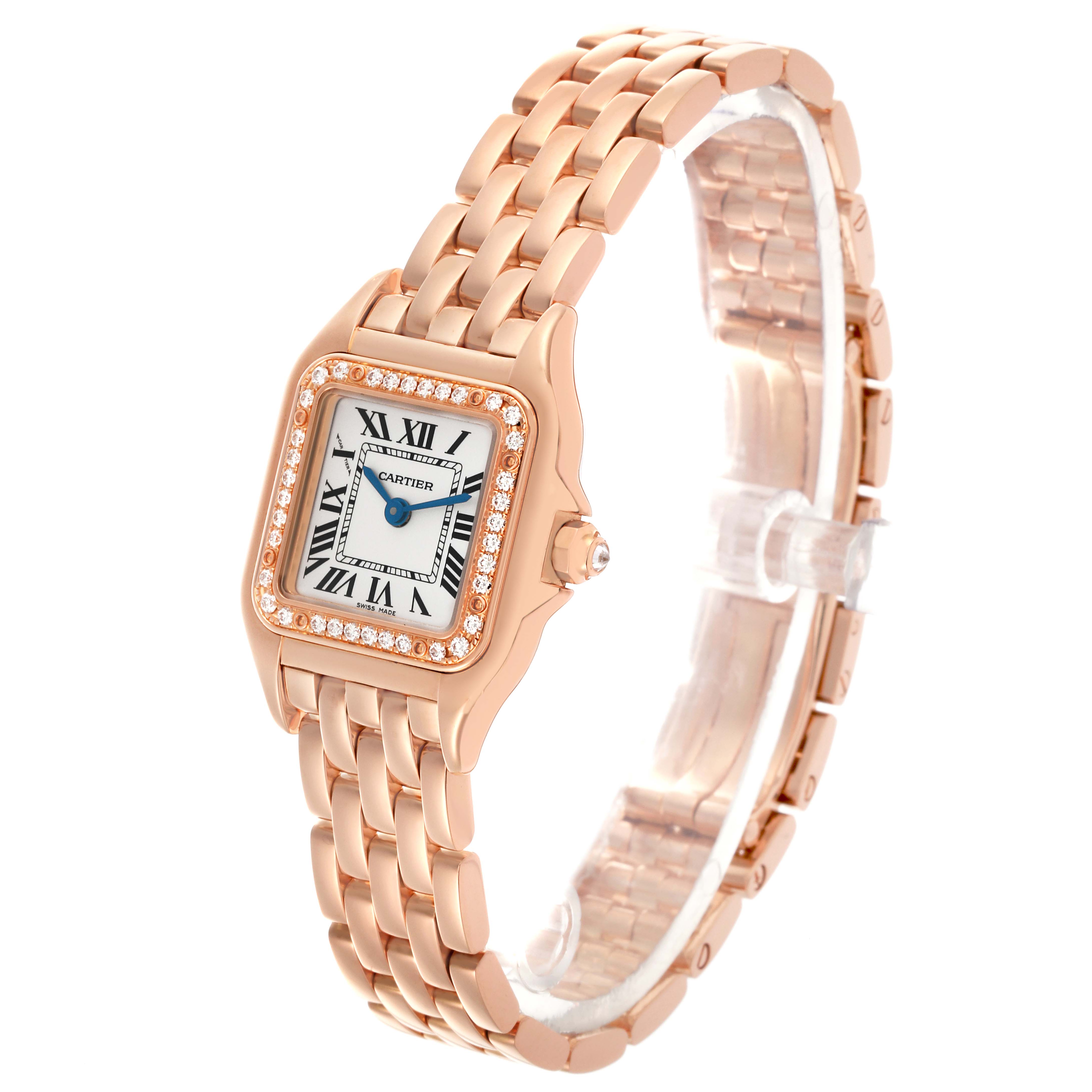 The Cartier Panthere WJPN0008 Women's Rose Gold Silver Dial WJPN0008 Women's Rose Gold Silver Dial watch is shown at an angle displaying the face, bracelet, and diamond-studded bezel.