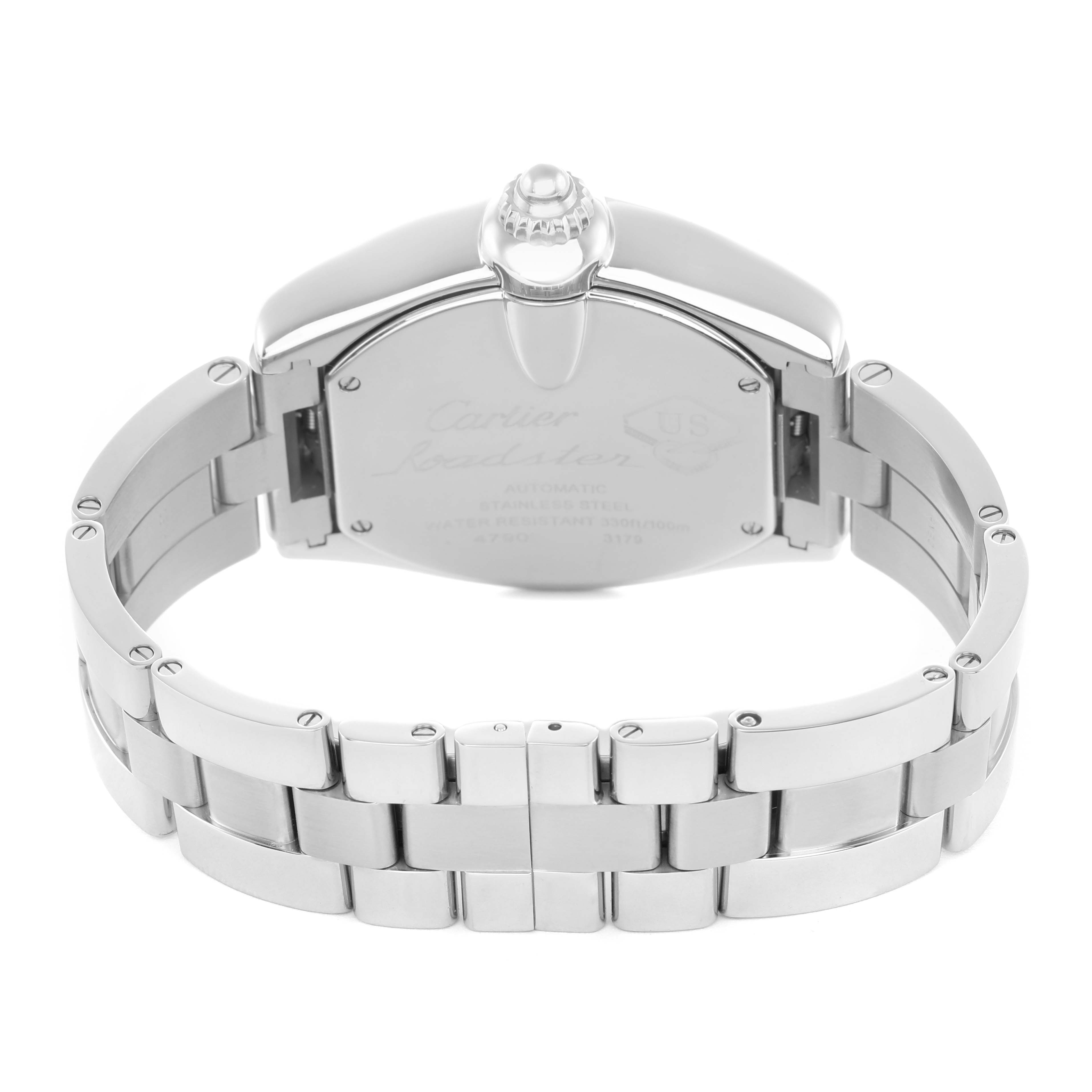 The Cartier Roadster W6206012 Men's Stainless Steel Blue Dial watch is shown from the back, highlighting the stainless steel bracelet and case back.