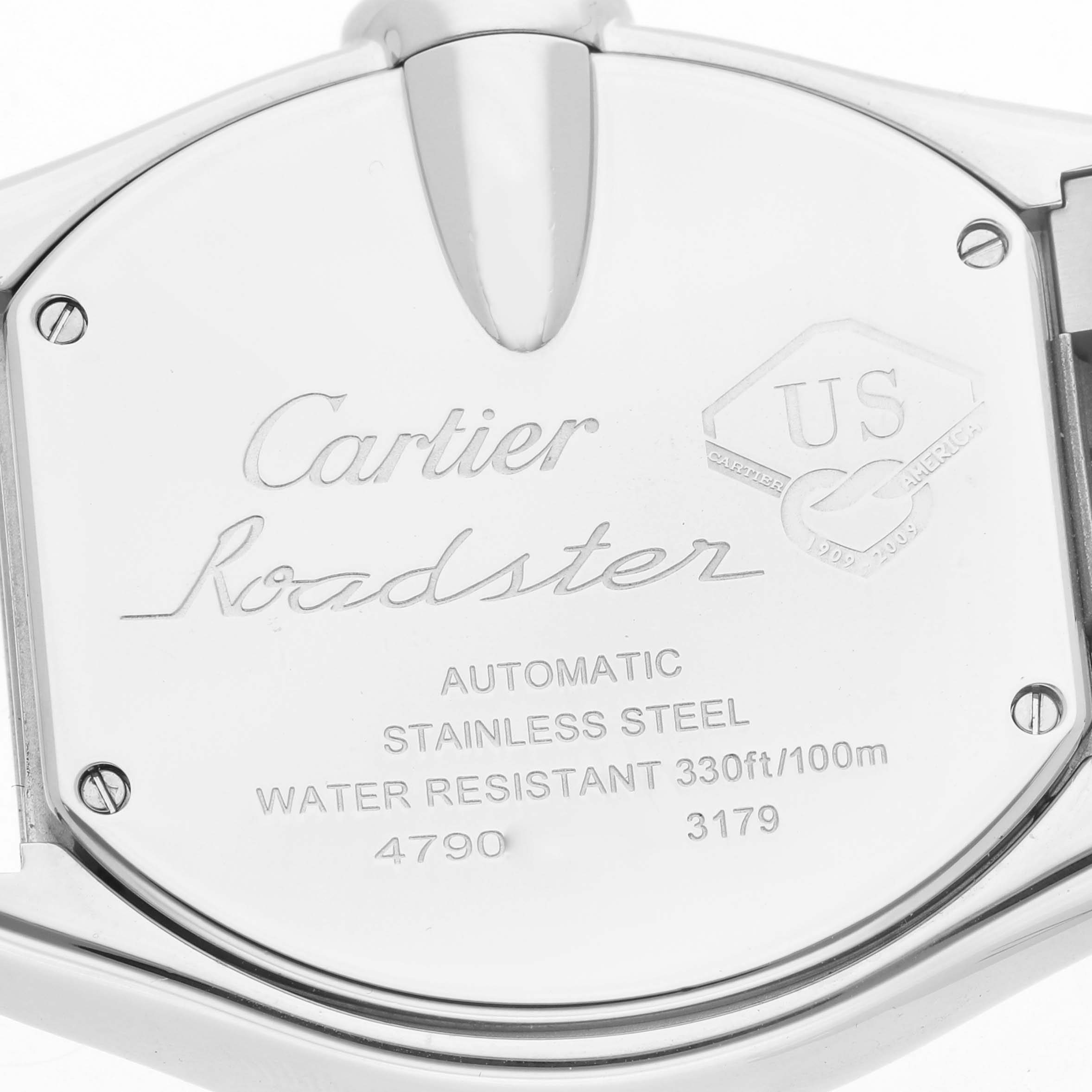 The image shows the back case of a Cartier Roadster W6206012 Men's Stainless Steel Blue Dial watch, highlighting the engraving and screws.