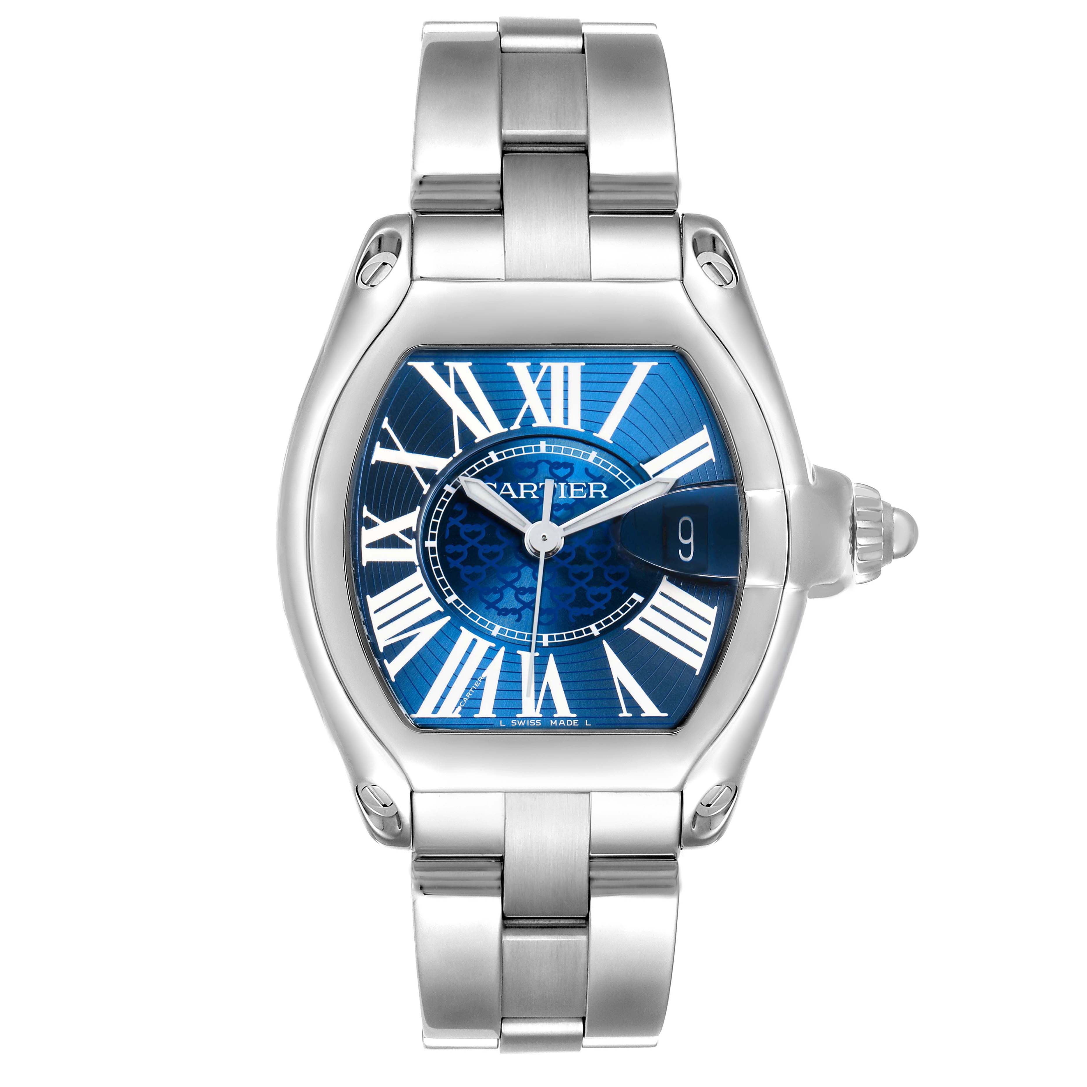 The Cartier Roadster W6206012 Men's Stainless Steel Blue Dial watch is shown from the front, displaying its face, bracelet, and crown on the side.
