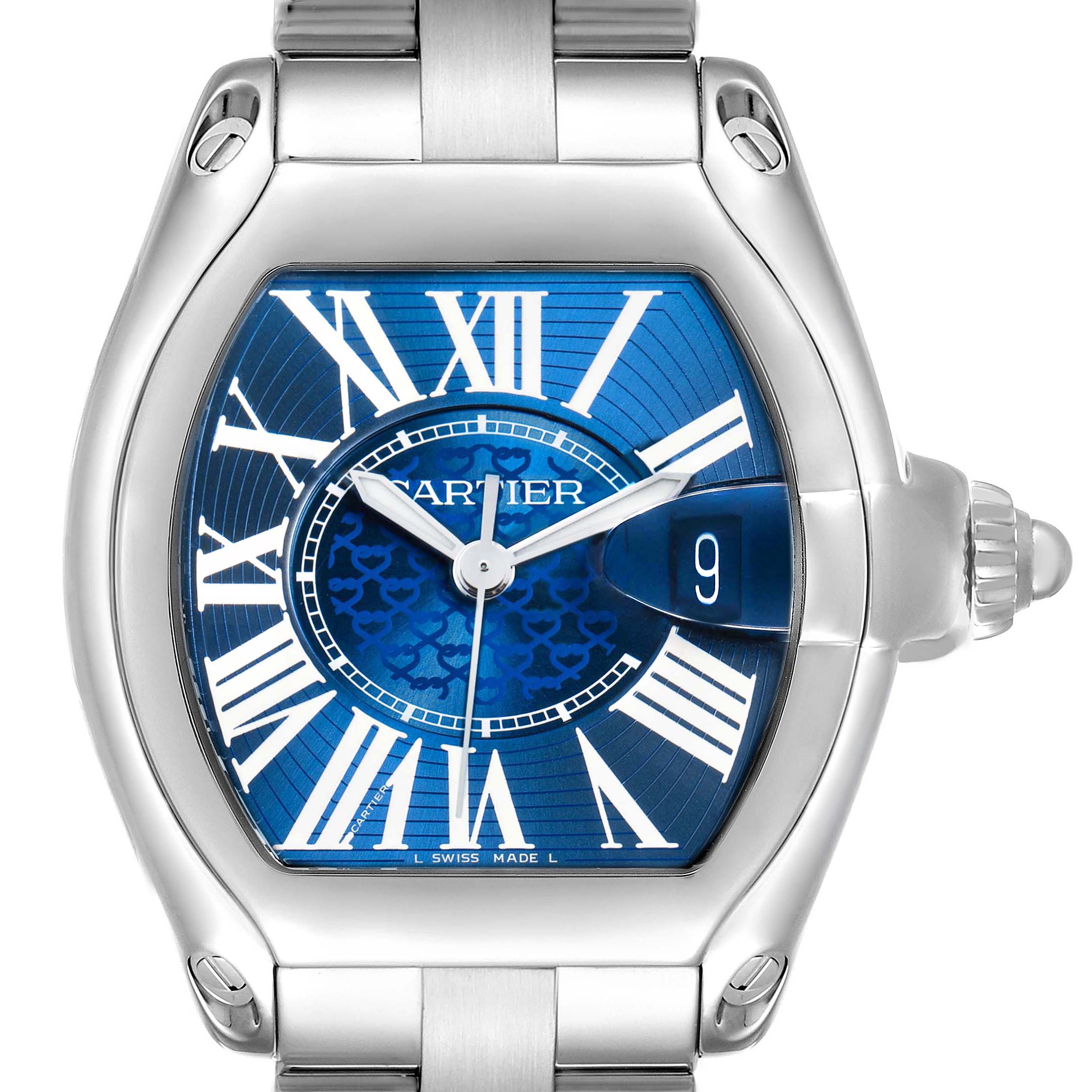 The Cartier Roadster W6206012 Men's Stainless Steel Blue Dial watch is shown from the front, highlighting the dial, case, and part of the bracelet.