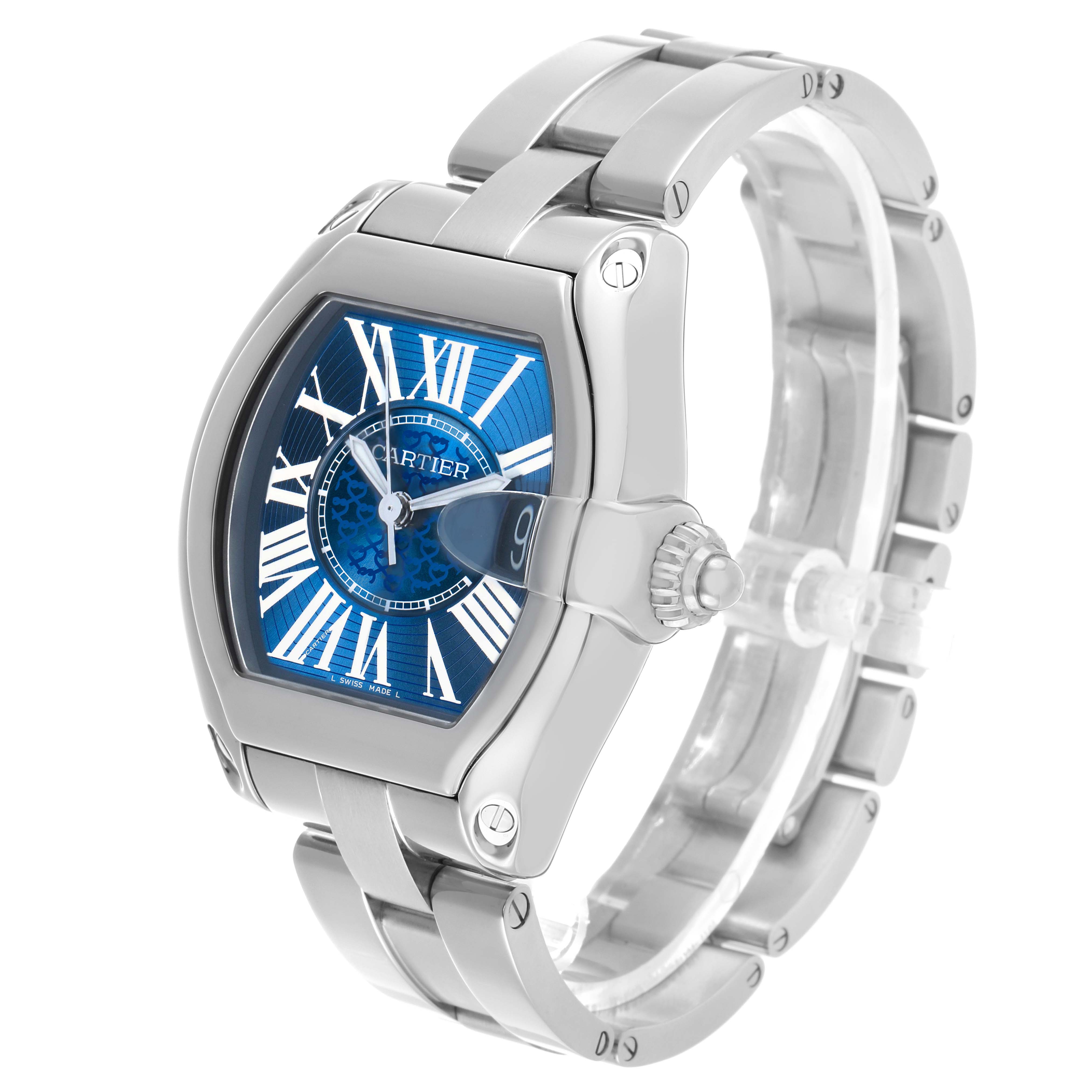 The Cartier Roadster W6206012 Men's Stainless Steel Blue Dial watch is displayed at a slight angle showcasing the face, bezel, crown, and bracelet.