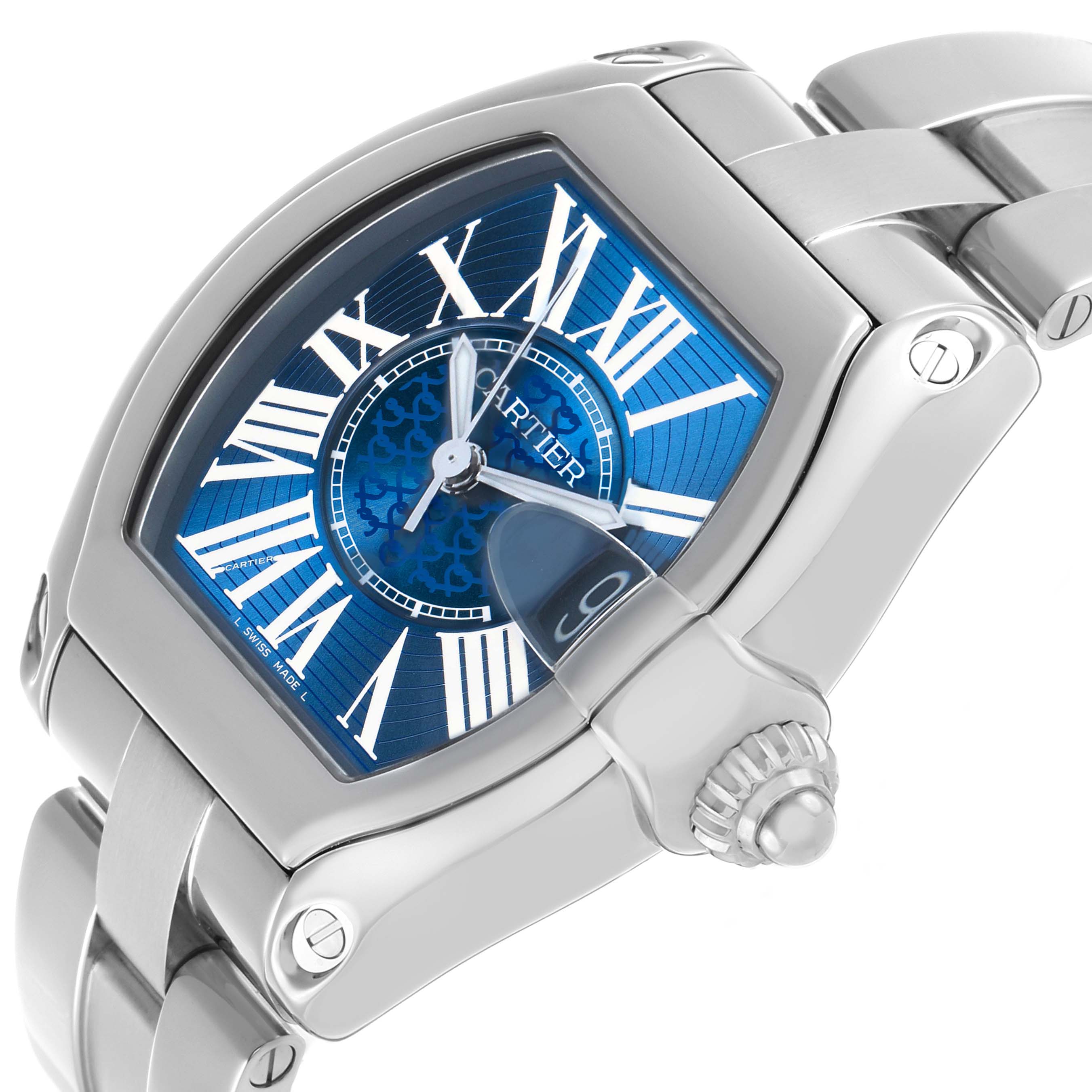 The Cartier Roadster W6206012 Men's Stainless Steel Blue Dial watch is shown at a slight angle, highlighting the blue dial, Roman numerals, and part of the metal bracelet.