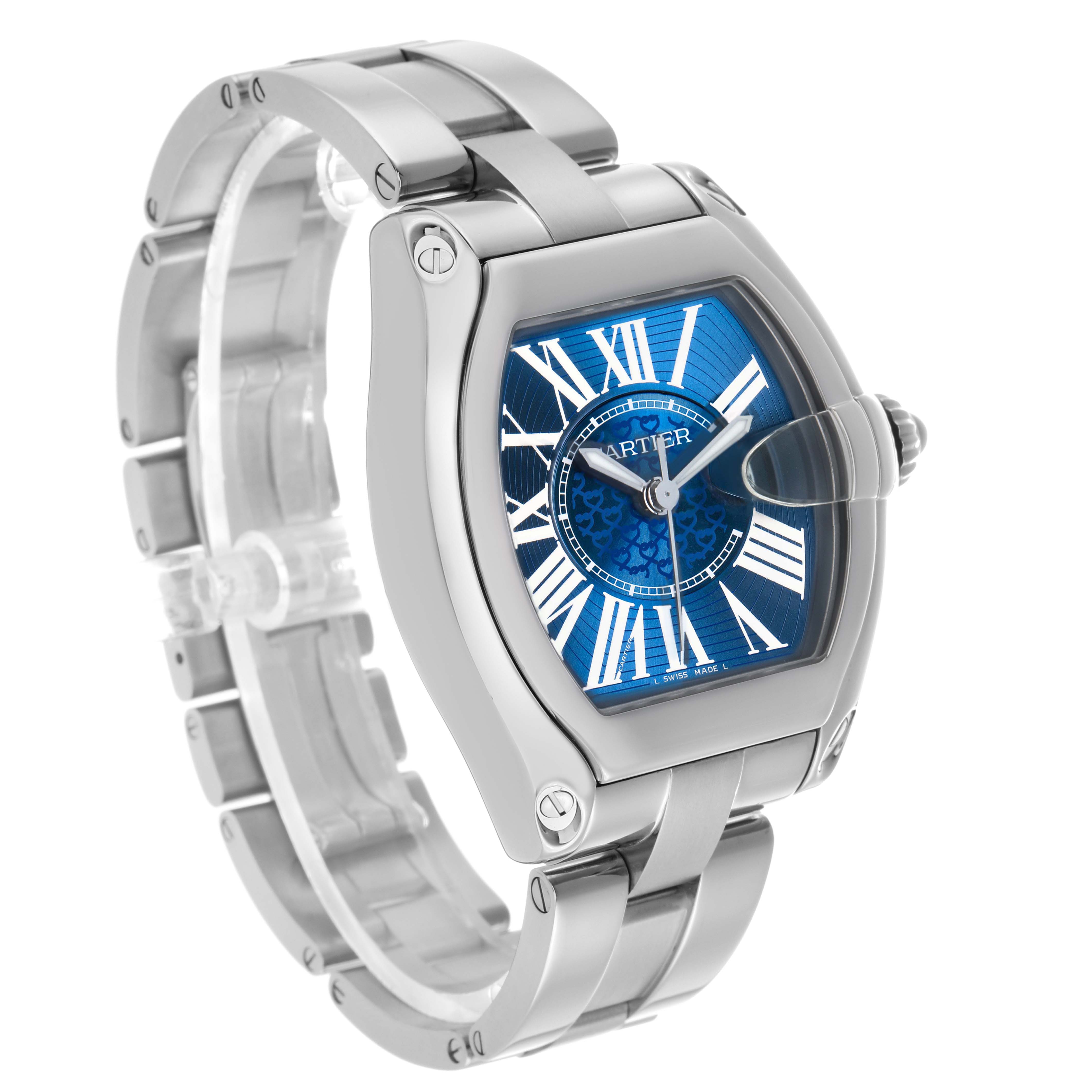 The Cartier Roadster W6206012 Men's Stainless Steel Blue Dial watch is shown from a front-left angle, displaying the dial, bracelet, and crown.