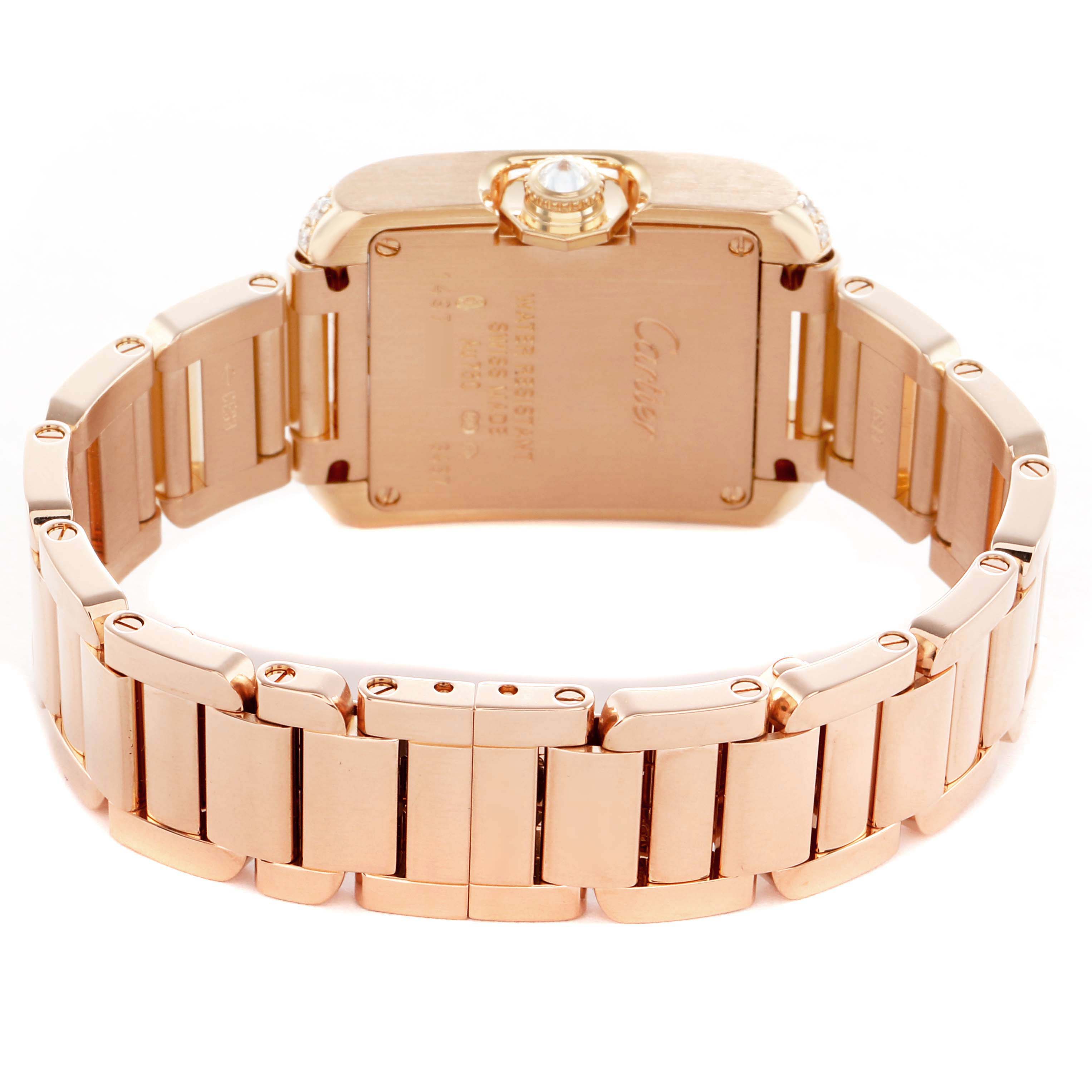 The image shows the back of a Cartier Tank Anglaise WT100002 Women's Rose Gold Silver Dial watch, highlighting the case back, bracelet, and crown from a rear angle.