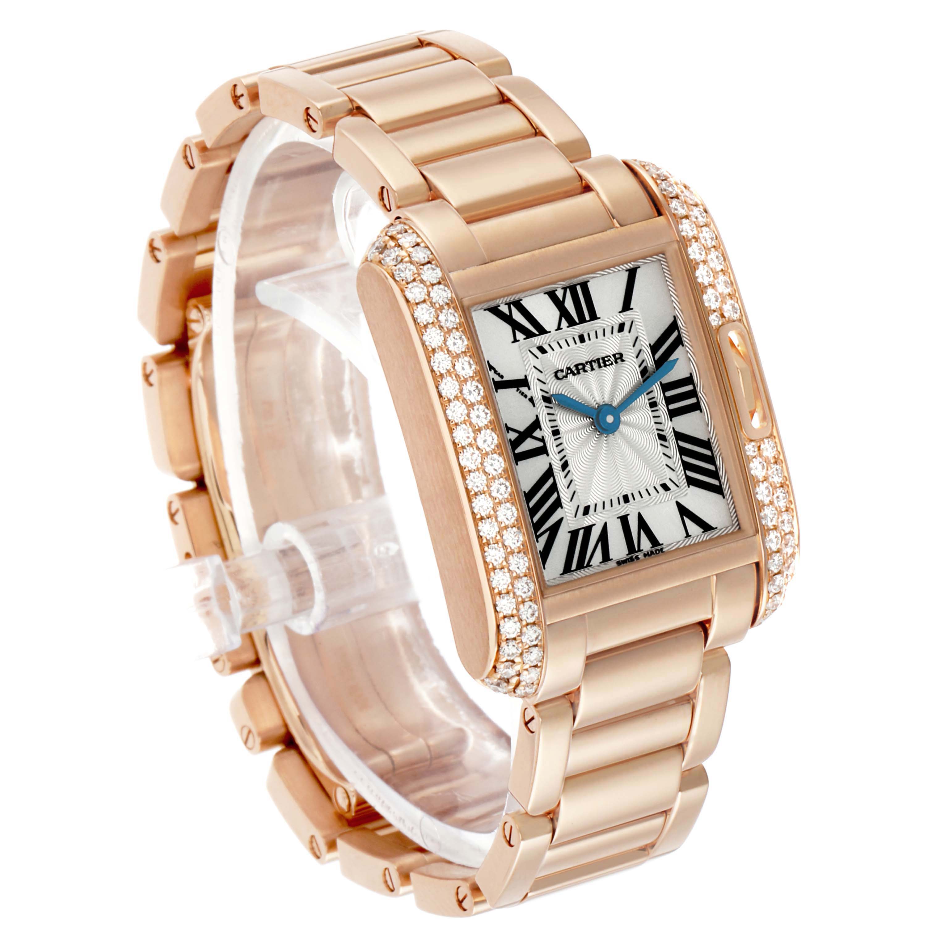 The image shows a Cartier Tank Anglaise WT100002 Women's Rose Gold Silver Dial watch at a three-quarter angle, highlighting its rose gold bracelet and diamond-set case.